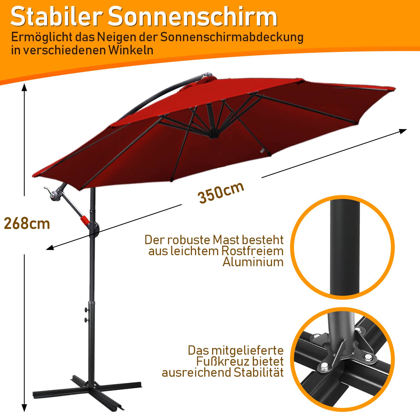Sonnenschirm Ampelschirm Garten Schirm Pavillon 350 cm - Rot