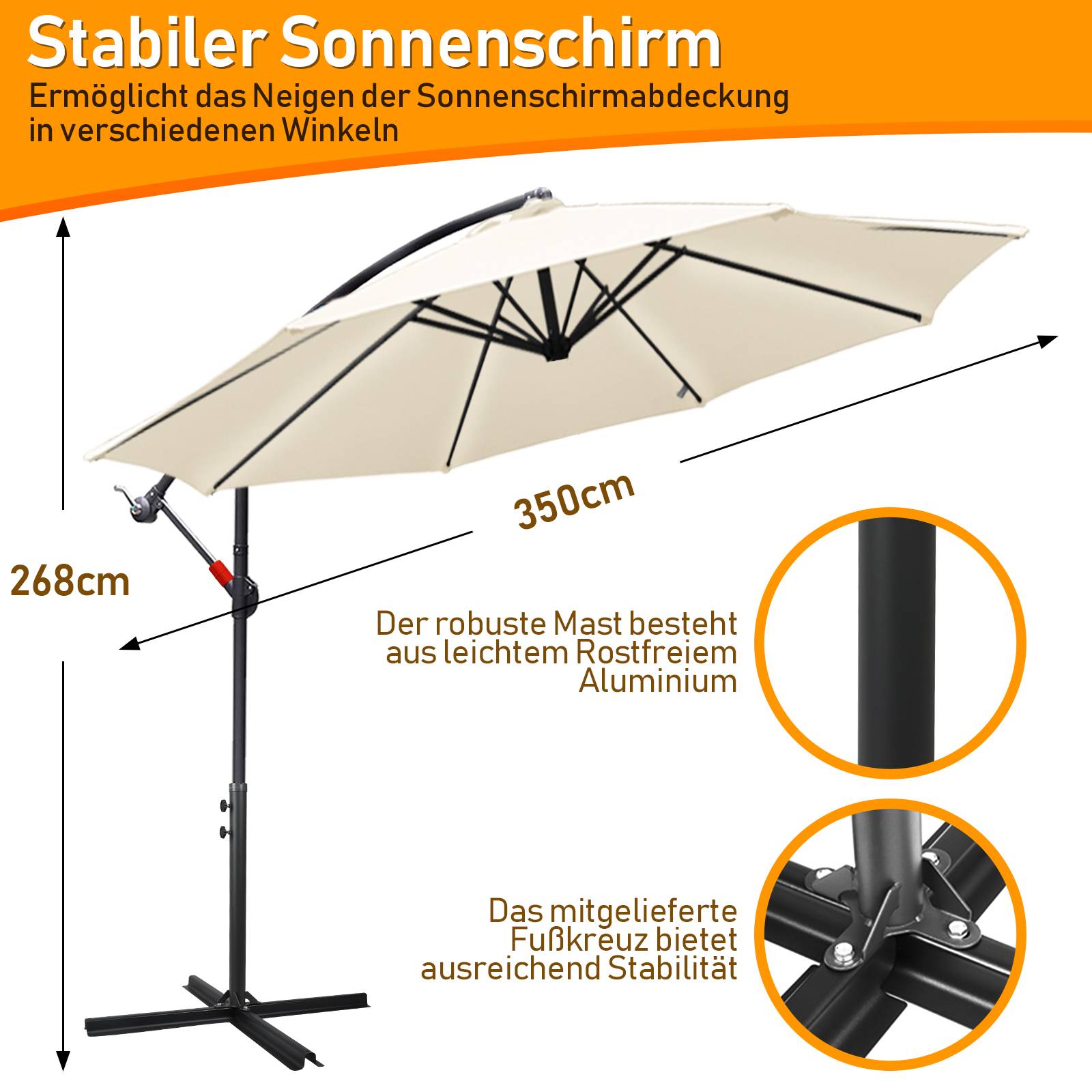 Sonnenschirm Ampelschirm Garten Schirm Pavillon 350 cm - Beige