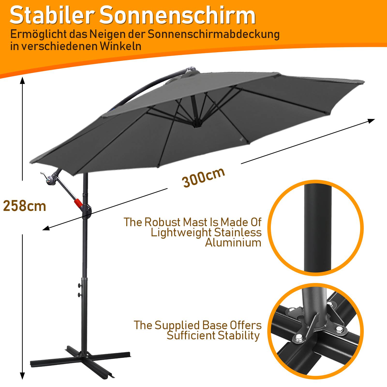 Sonnenschirm Ampelschirm Garten Schirm Pavillon 300 cm - Grau