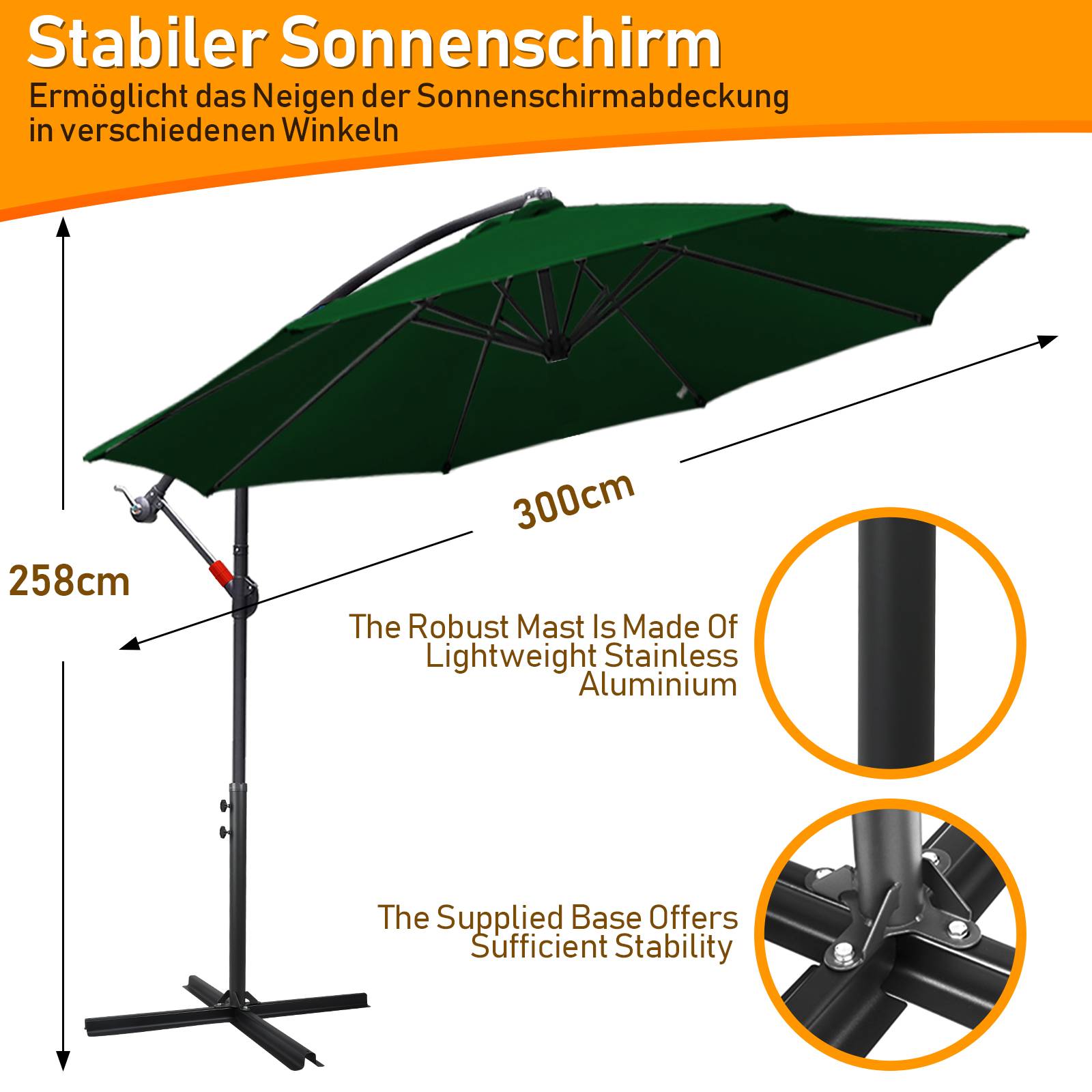 Sonnenschirm Ampelschirm Garten Schirm Pavillon 300 cm - Grün