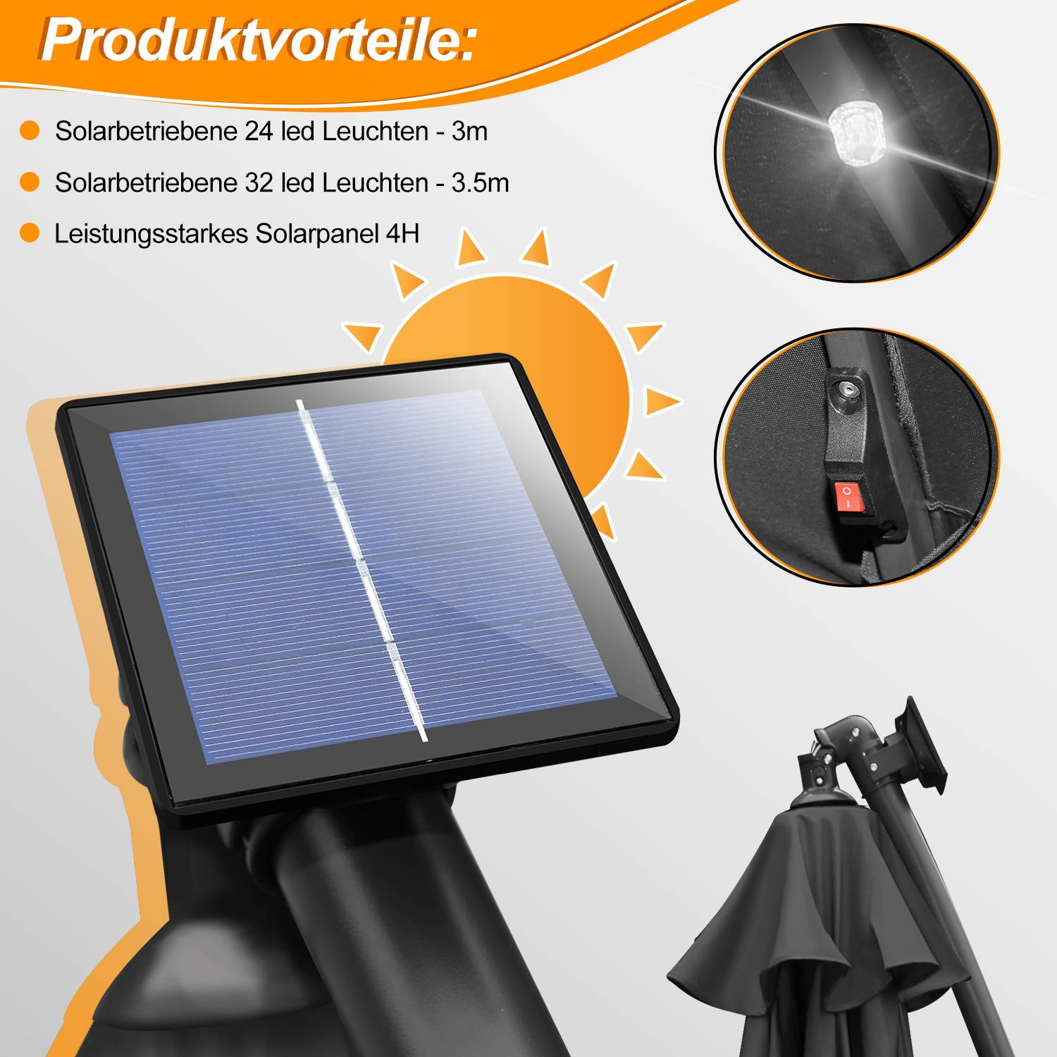 Sonnenschirm Ampelschirm Garten Schirm Pavillon mit LED Beleuchtung 350cm - Grau