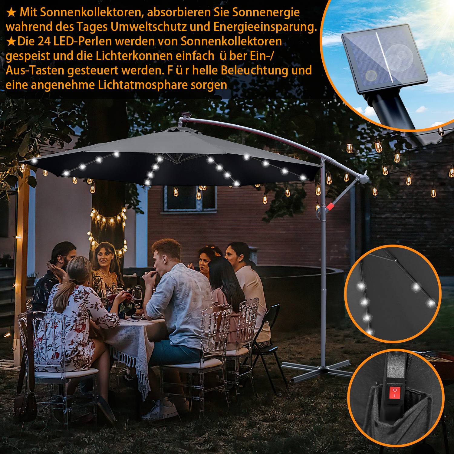 Sonnenschirm Ampelschirm Garten Schirm Pavillon mit LED Beleuchtung 350cm - Grau