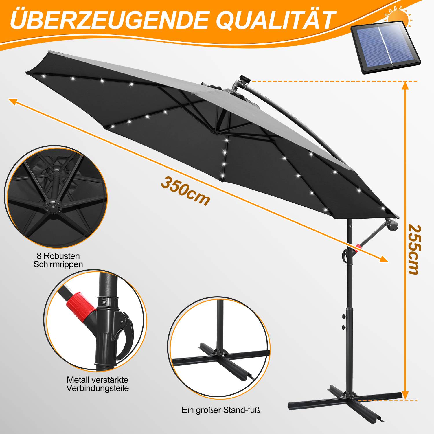 Sonnenschirm Ampelschirm Garten Schirm Pavillon mit LED Beleuchtung 350cm - Grau