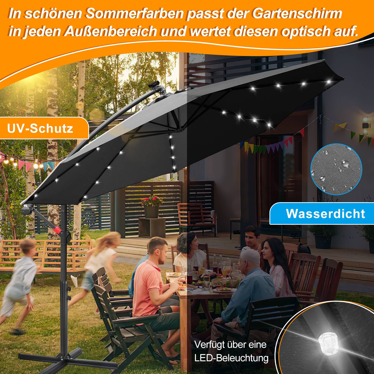 Sonnenschirm Ampelschirm Garten Schirm Pavillon mit LED Beleuchtung 350cm - Grau