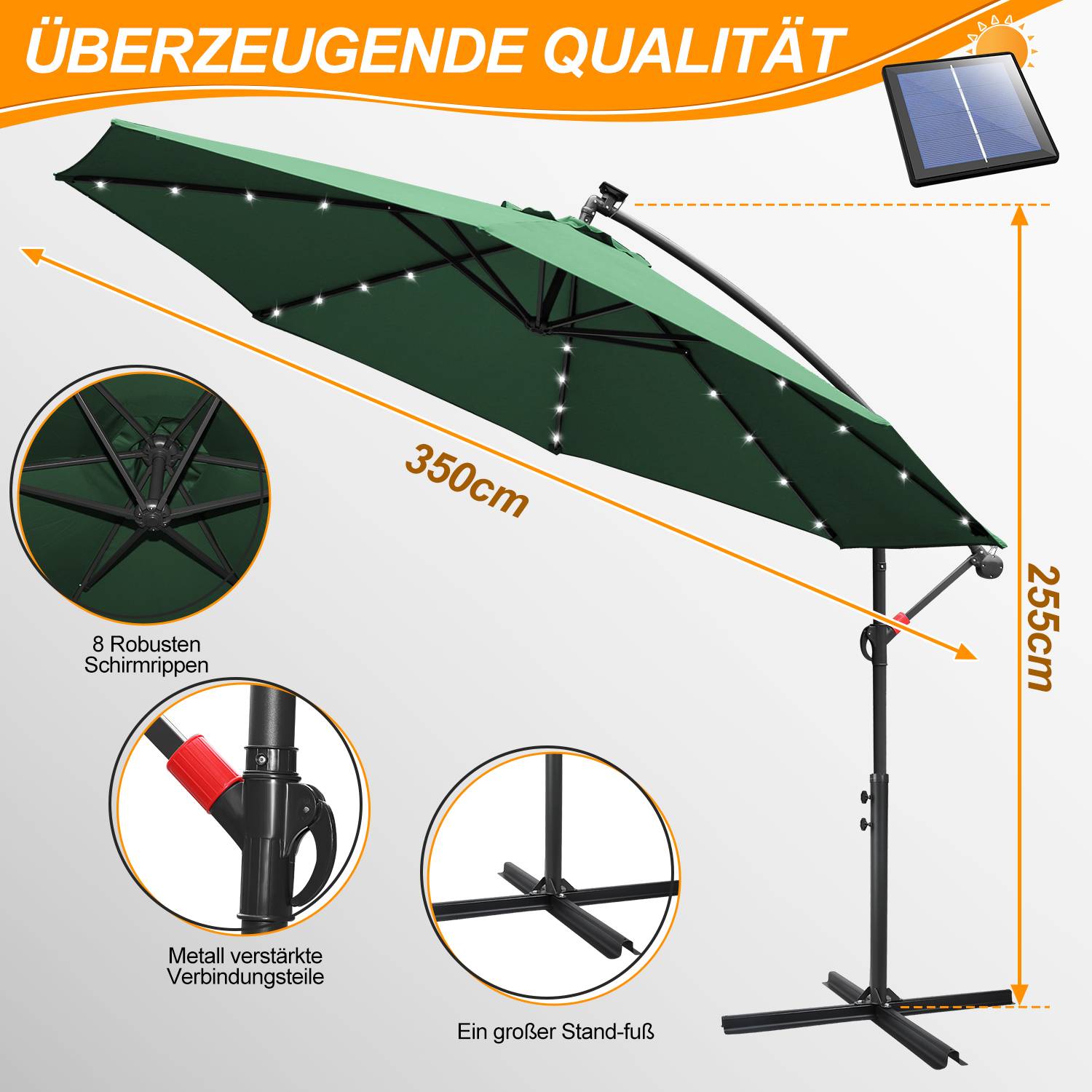 Sonnenschirm Ampelschirm Garten Schirm Pavillon mit LED Beleuchtung 350cm - Grün