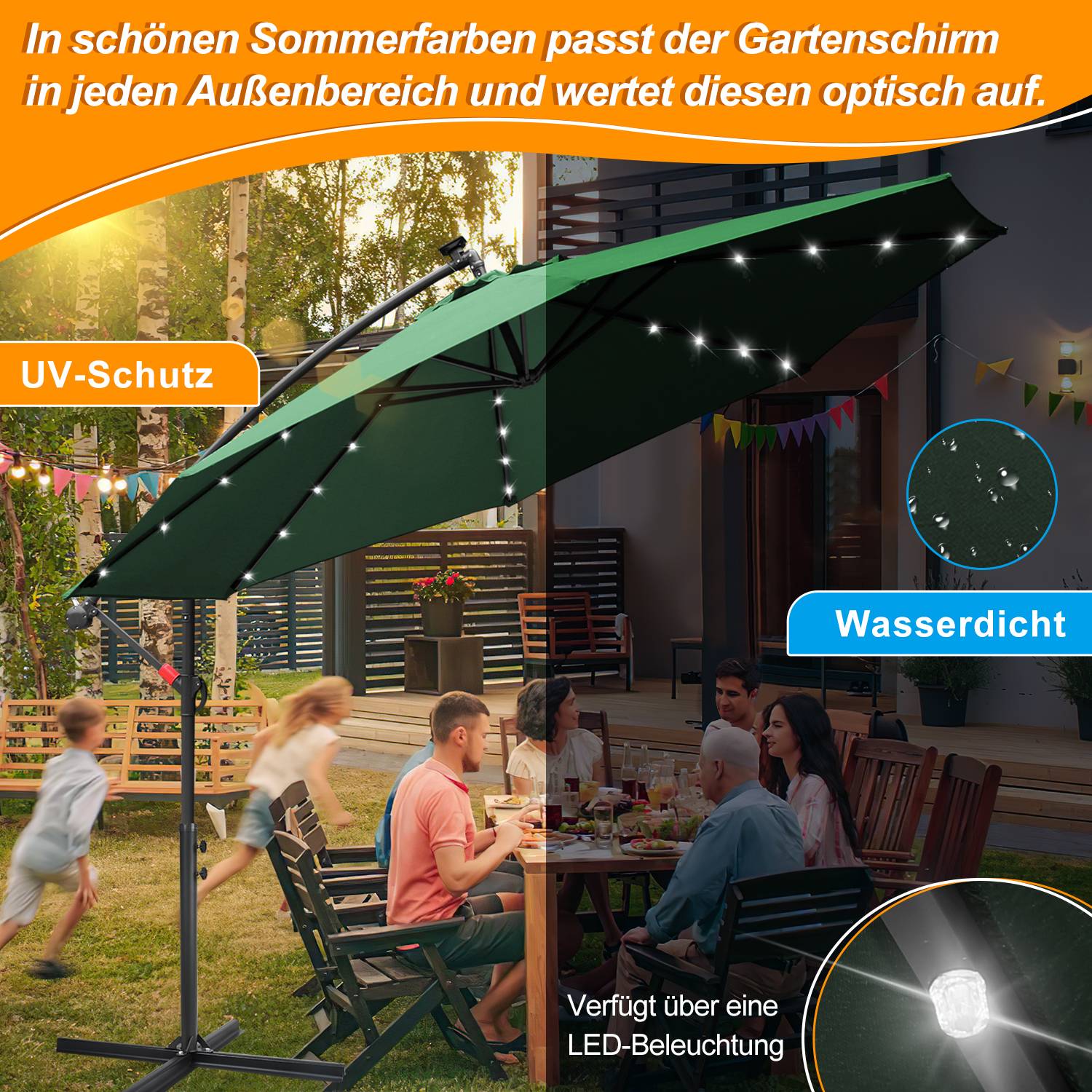 Sonnenschirm Ampelschirm Garten Schirm Pavillon mit LED Beleuchtung 350cm - Grün