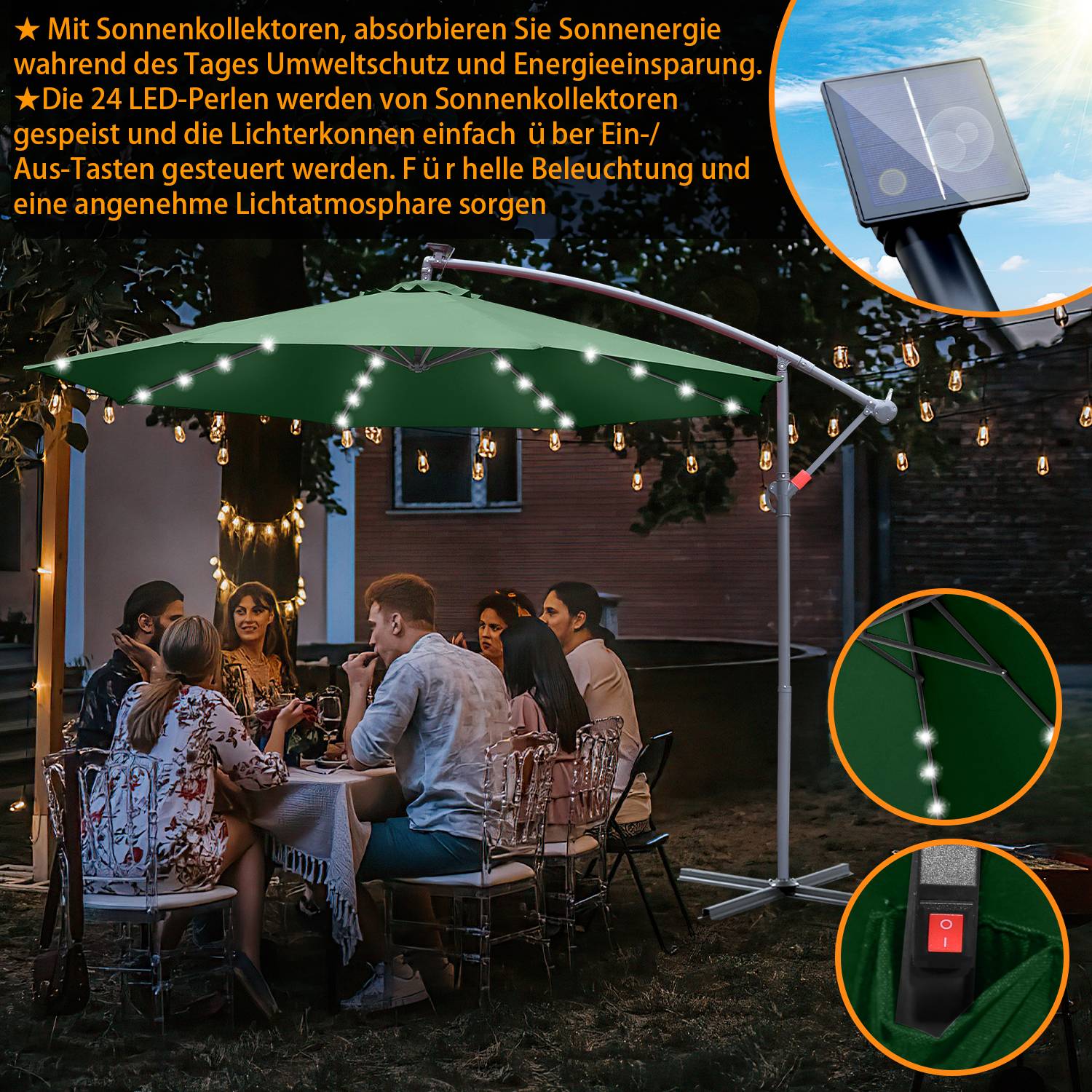 Sonnenschirm Ampelschirm Garten Schirm Pavillon mit LED Beleuchtung 350cm - Grün