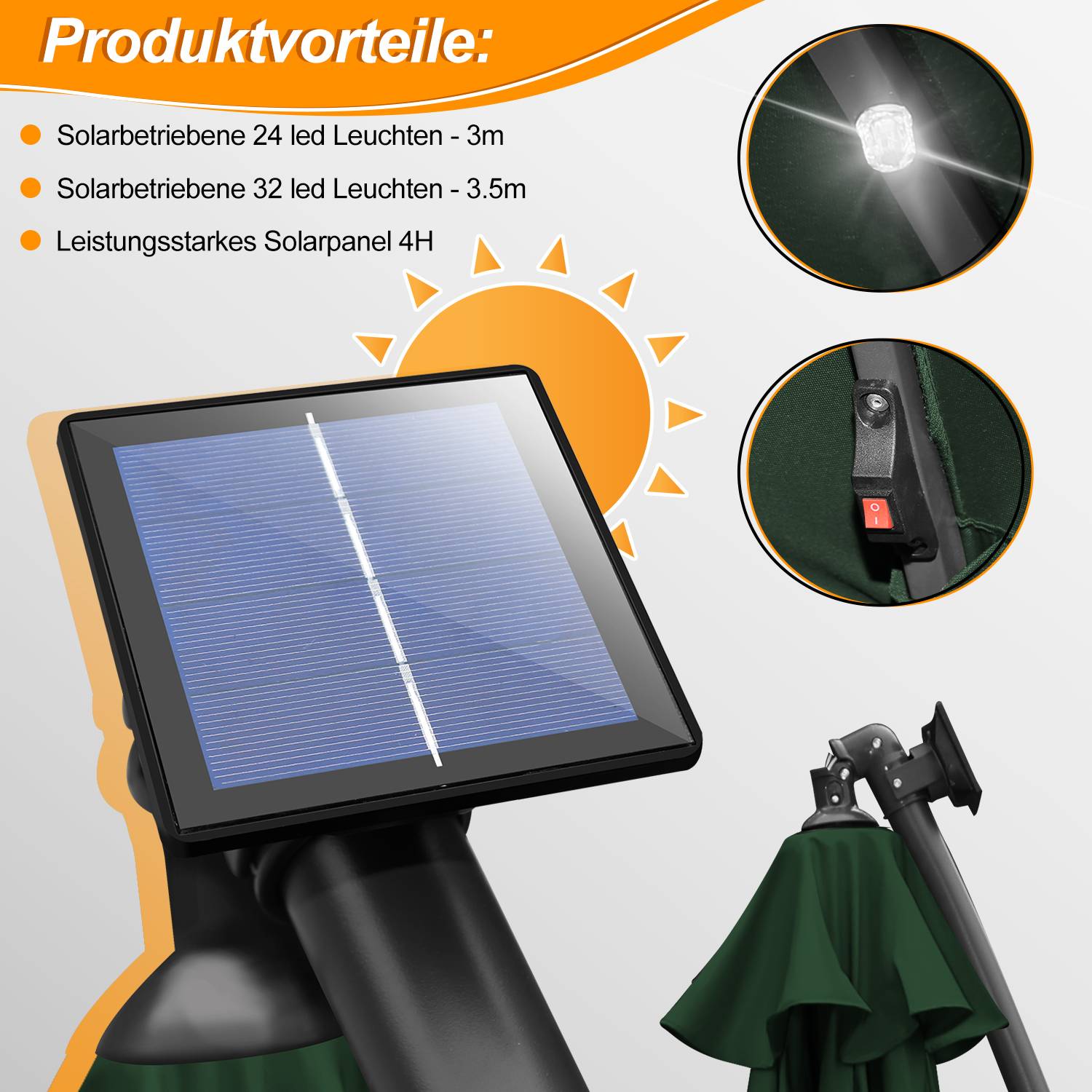 Sonnenschirm Ampelschirm Garten Schirm Pavillon mit LED Beleuchtung 350cm - Grün