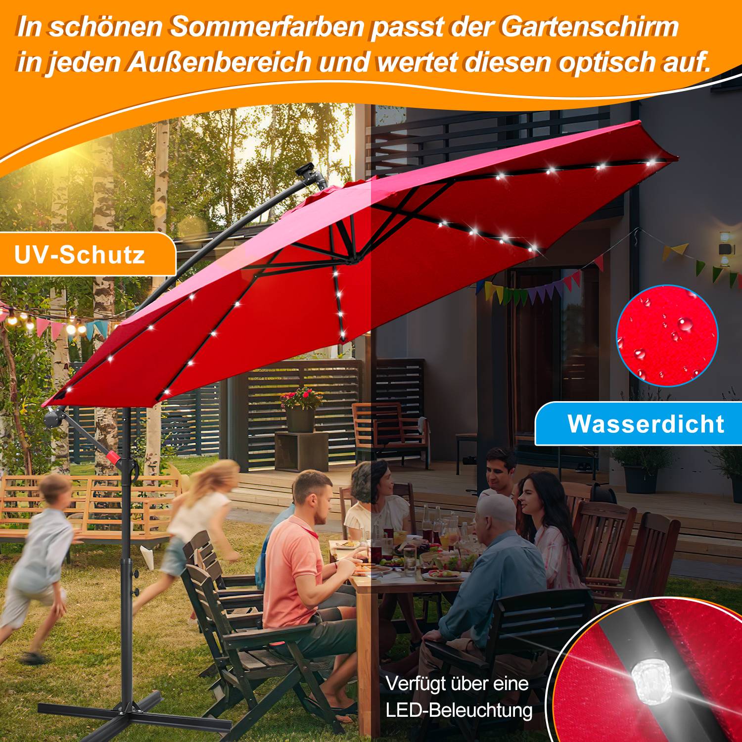 Sonnenschirm Ampelschirm Garten Schirm Pavillon mit LED Beleuchtung 350cm - Rot
