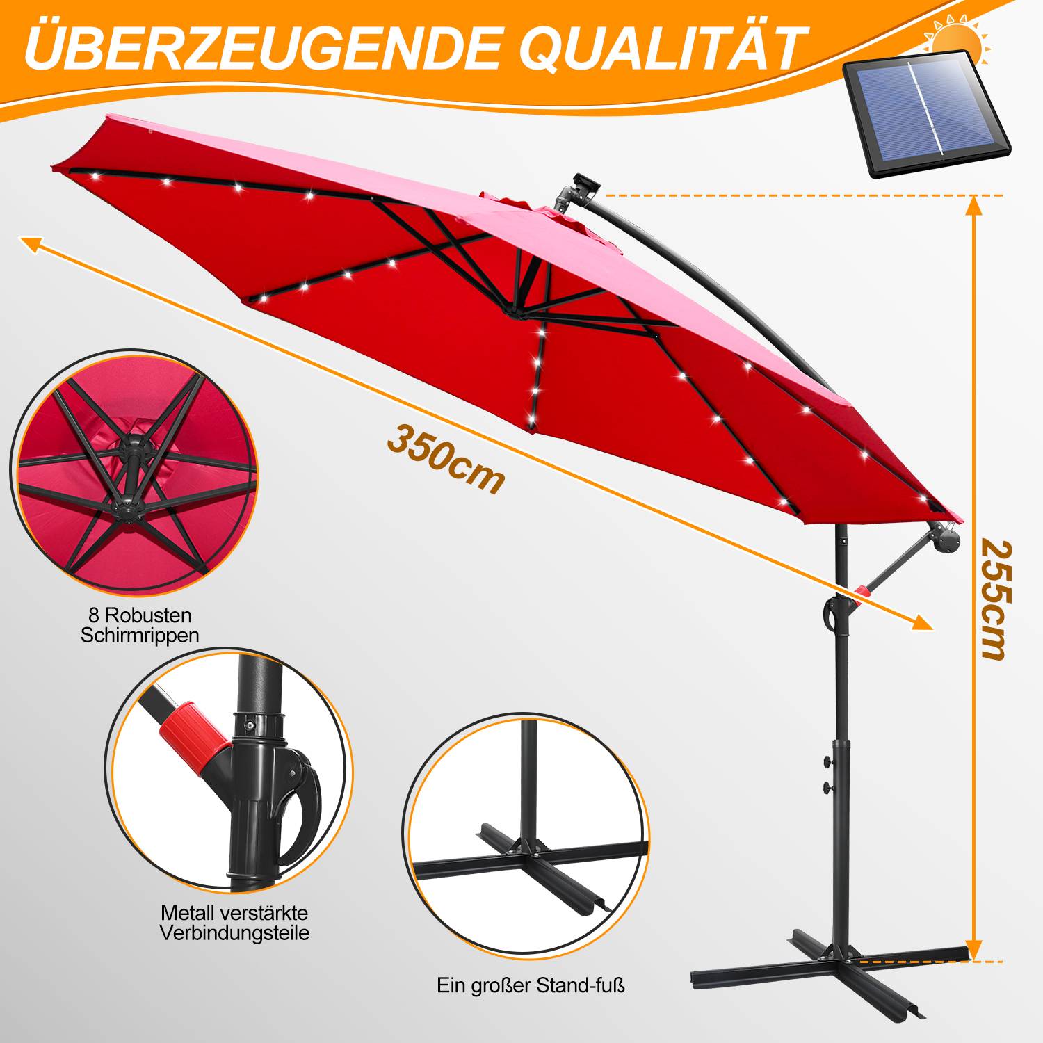 Sonnenschirm Ampelschirm Garten Schirm Pavillon mit LED Beleuchtung 350cm - Rot