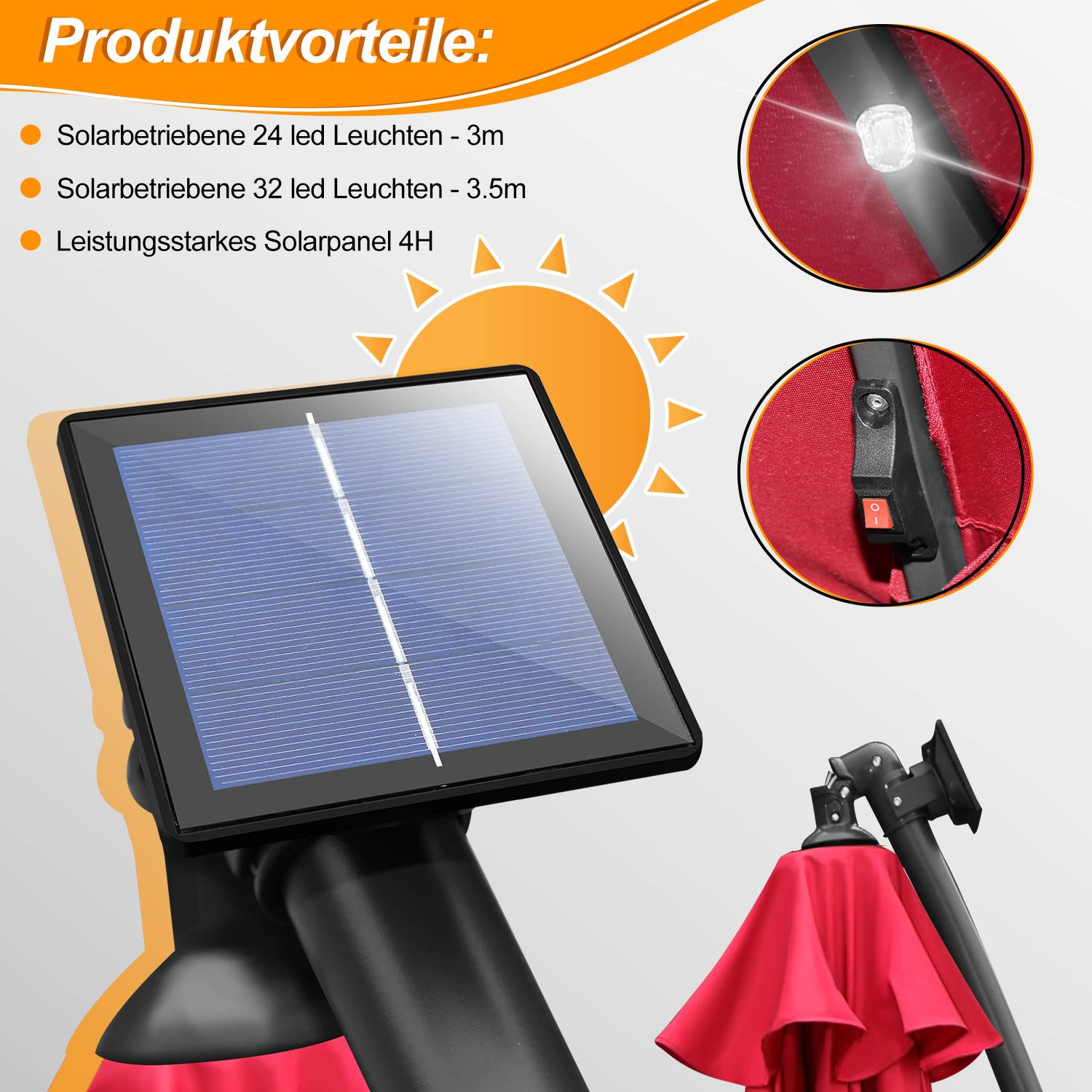 Sonnenschirm Ampelschirm Garten Schirm Pavillon mit LED Beleuchtung 350cm - Rot
