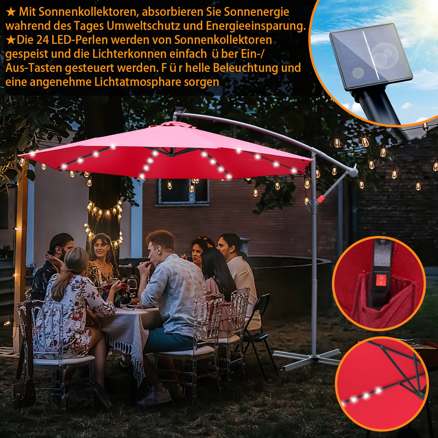 Sonnenschirm Ampelschirm Garten Schirm Pavillon mit LED Beleuchtung 350cm - Rot