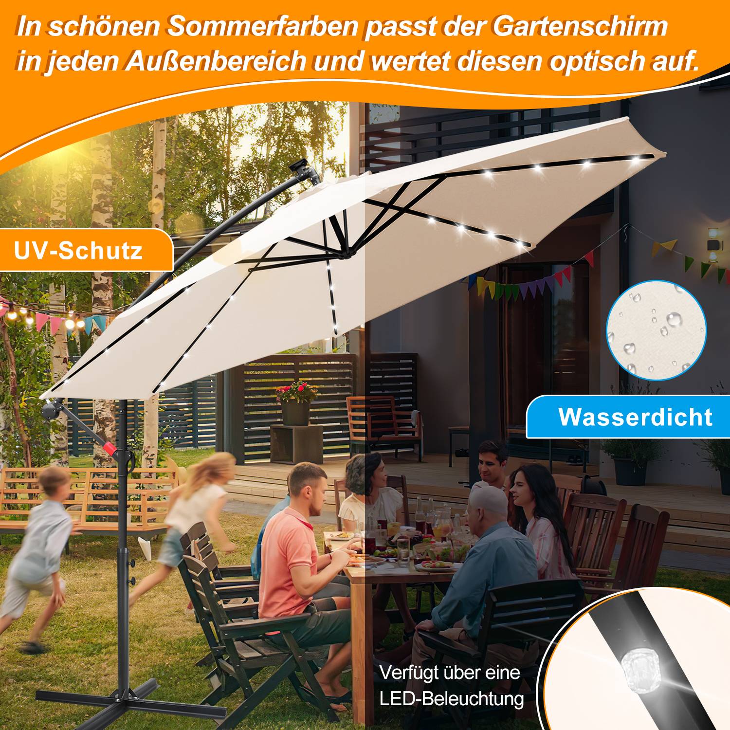 Sonnenschirm Ampelschirm Garten Schirm Pavillon mit LED Beleuchtung 350cm - Beige