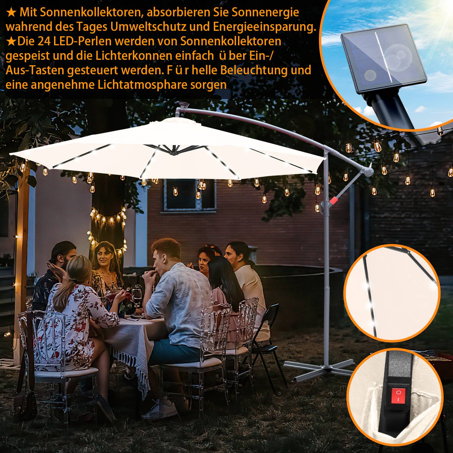 Sonnenschirm Ampelschirm Garten Schirm Pavillon mit LED Beleuchtung 350cm - Beige