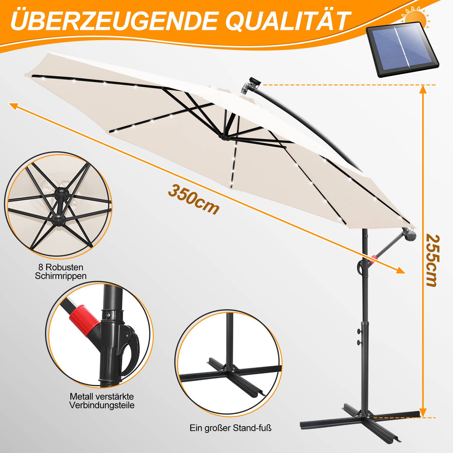 Sonnenschirm Ampelschirm Garten Schirm Pavillon mit LED Beleuchtung 350cm - Beige
