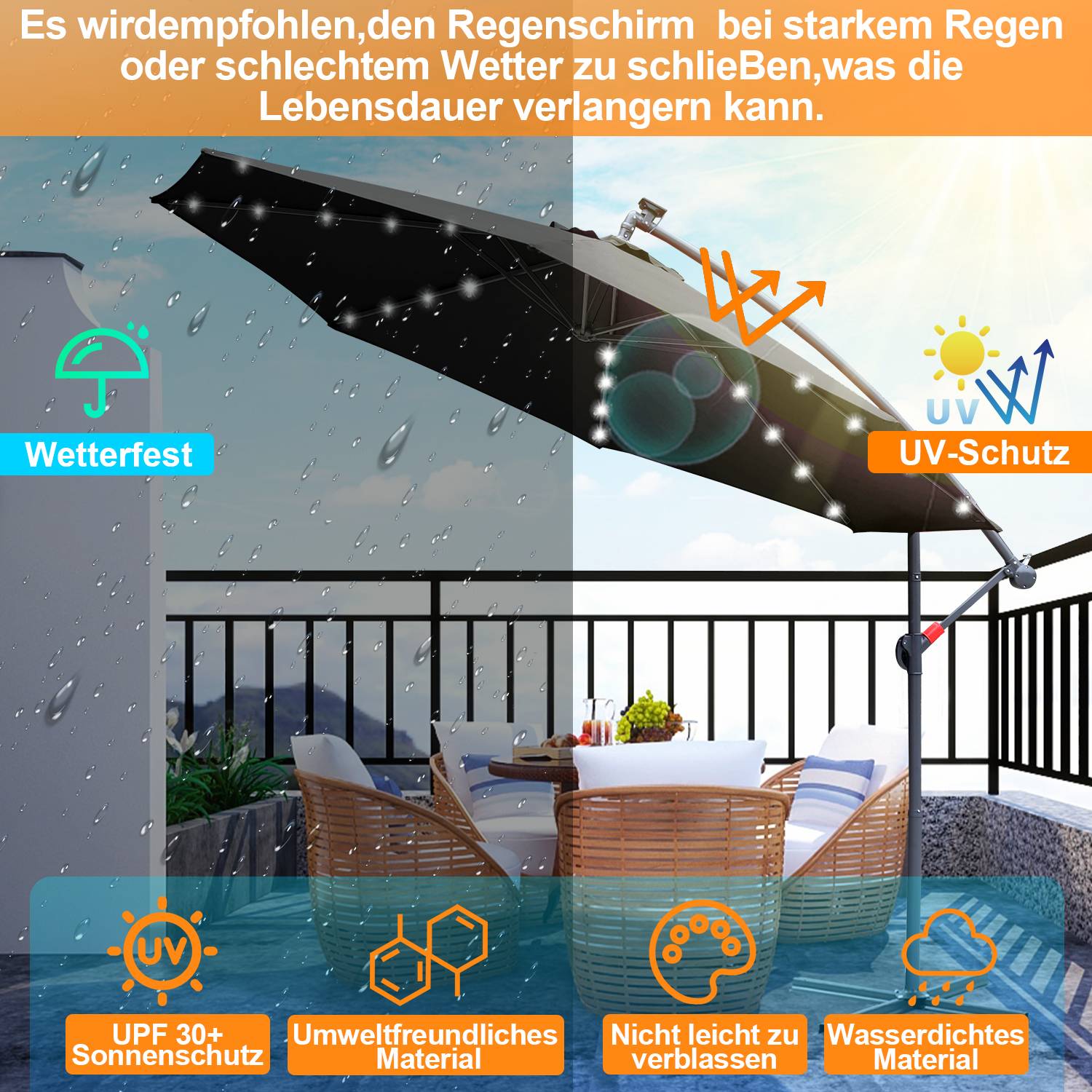 Sonnenschirm Ampelschirm 300 cm mit LED, UV-Schutz, Kurbel -Grau Gartenschirm Marktschirm Kurbel Balkon