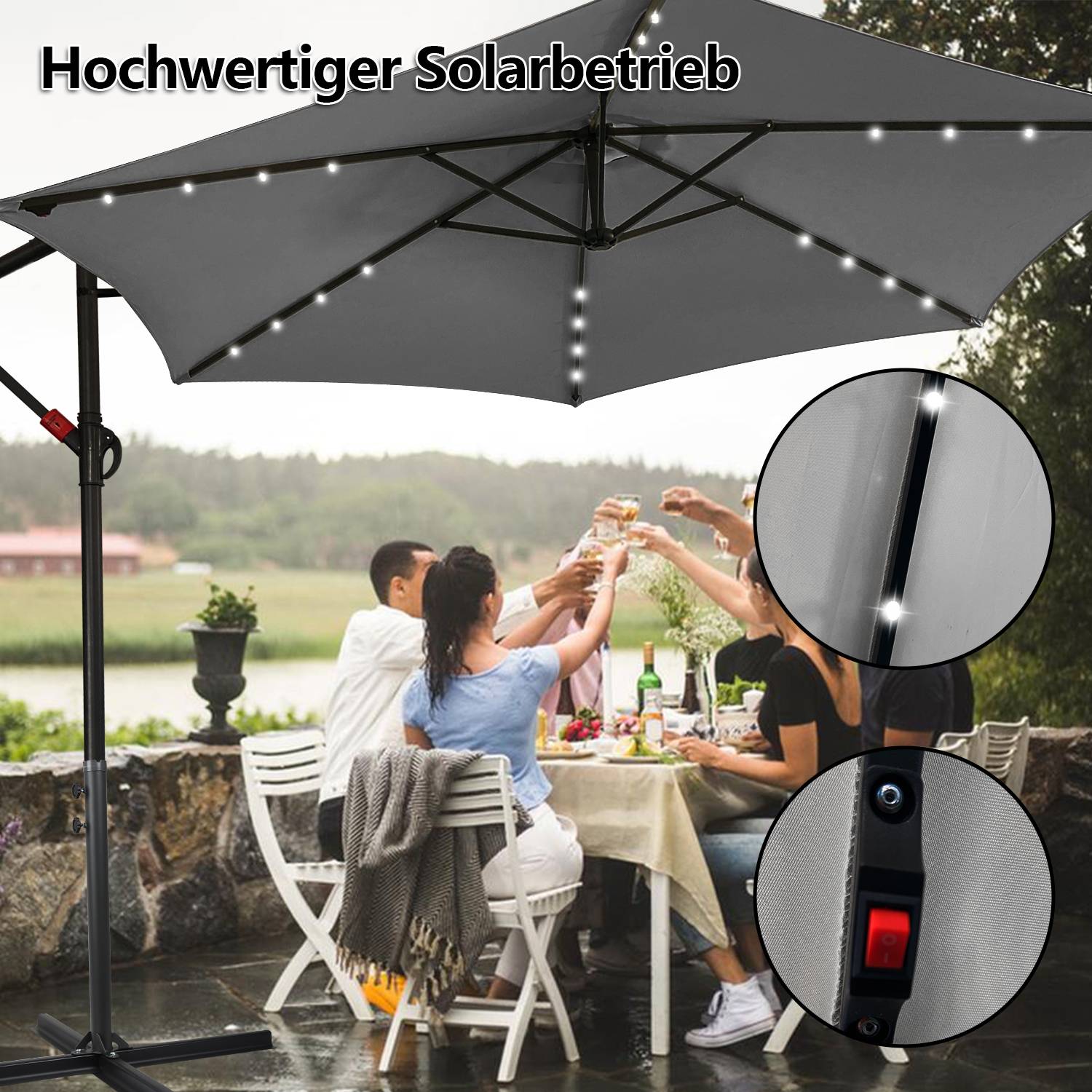Sonnenschirm Ampelschirm Garten Schirm Pavillon mit LED Beleuchtung 300cm - Grau