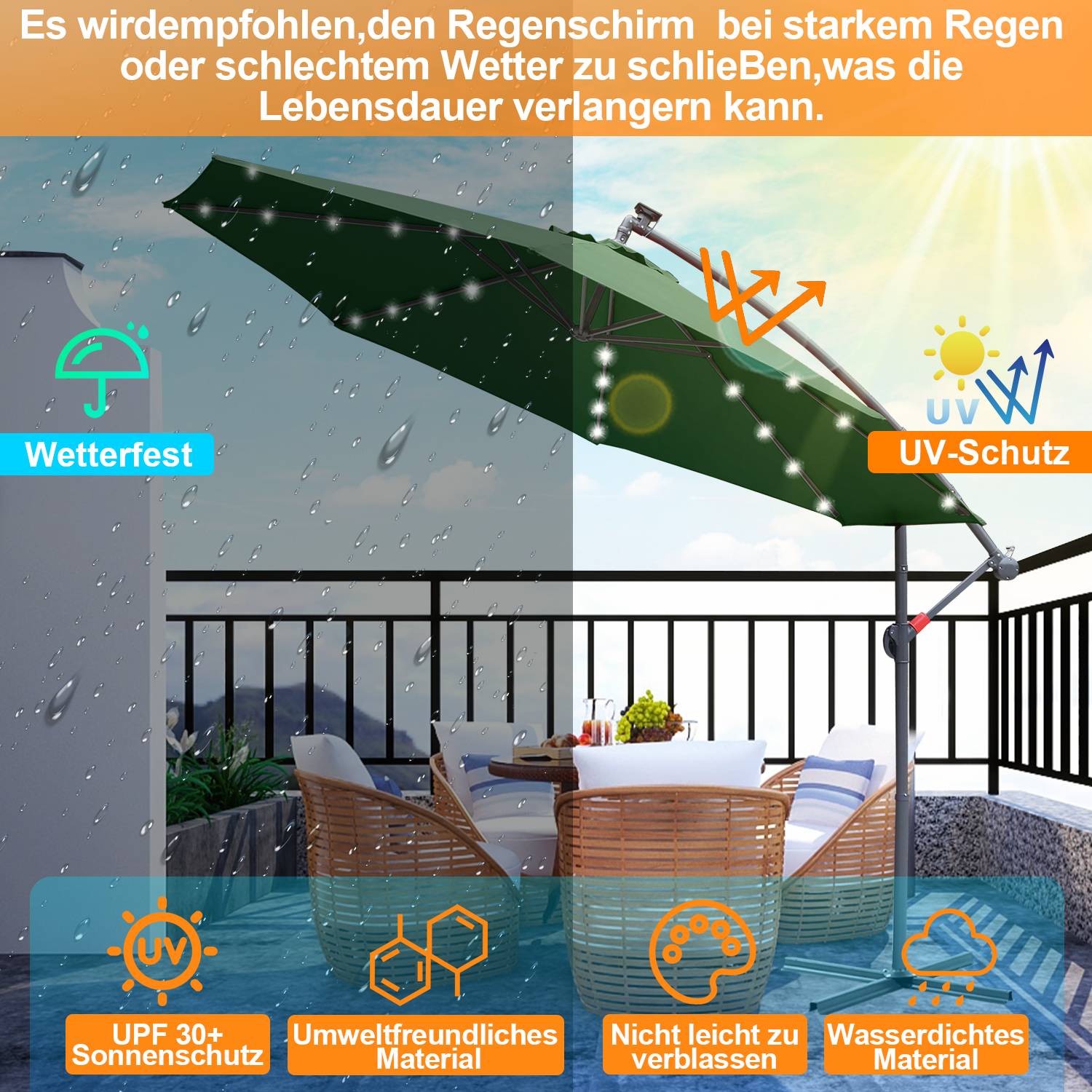 Sonnenschirm Ampelschirm 350 cm mit LED, UV-Schutz, Kurbel -Grün