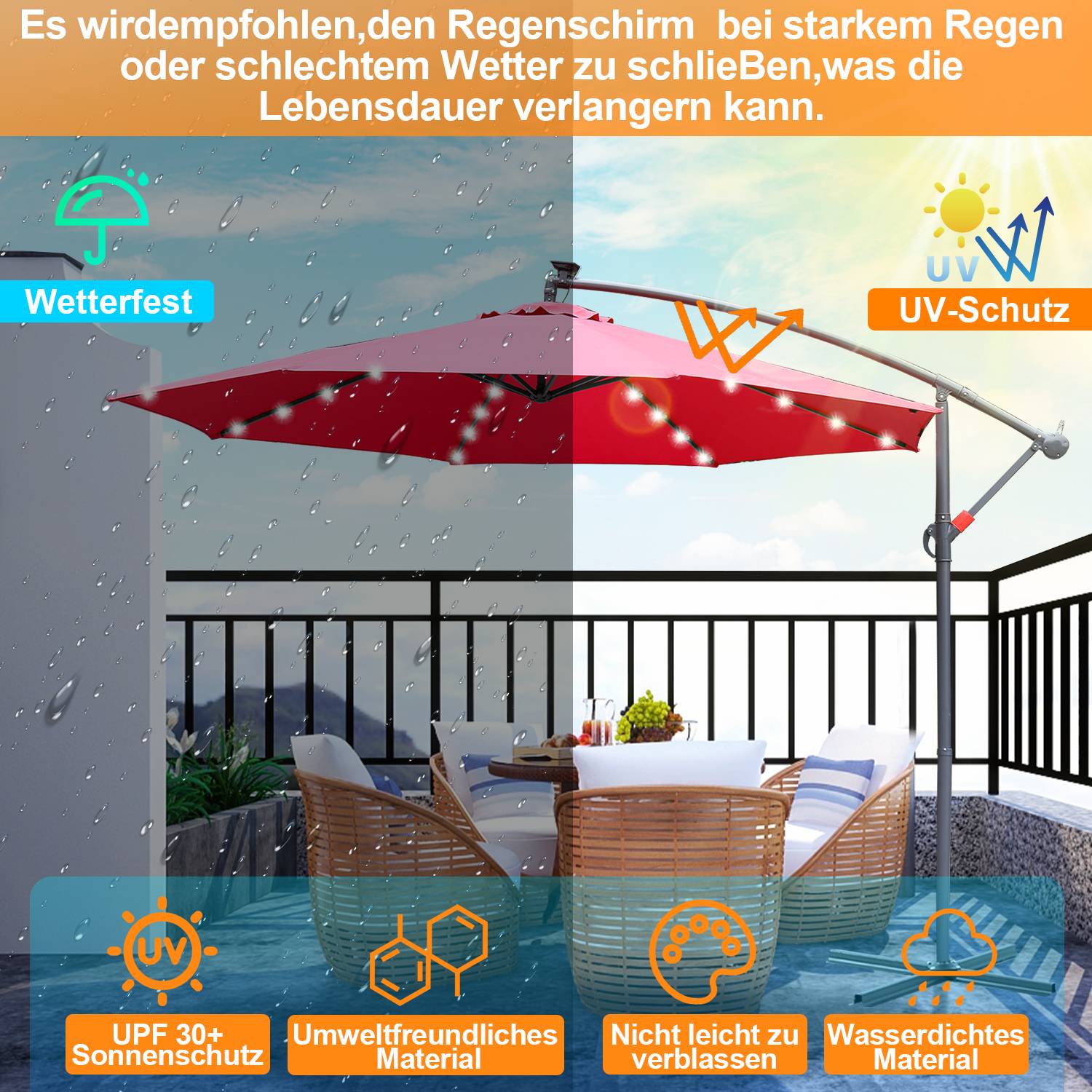 Sonnenschirm Ampelschirm 300 cm mit LED, Gartenschirm Marktschirm Kurbel Balkon UV-Schutz, Kurbel,Rot