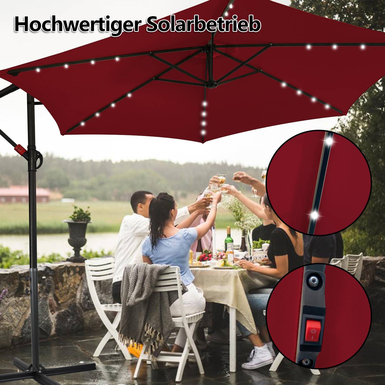 Sonnenschirm Ampelschirm Garten Schirm Pavillon mit LED Beleuchtung 300cm - Rot