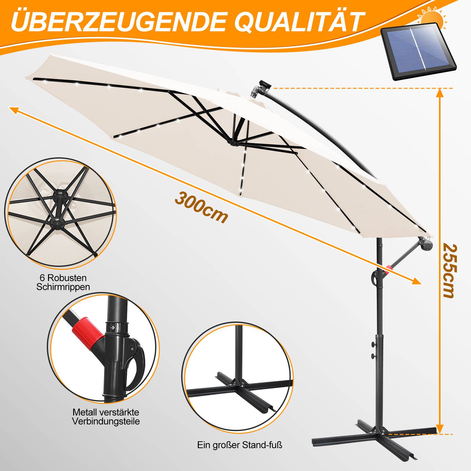 Sonnenschirm Ampelschirm Garten Schirm Pavillon mit LED Beleuchtung 300cm - Beige