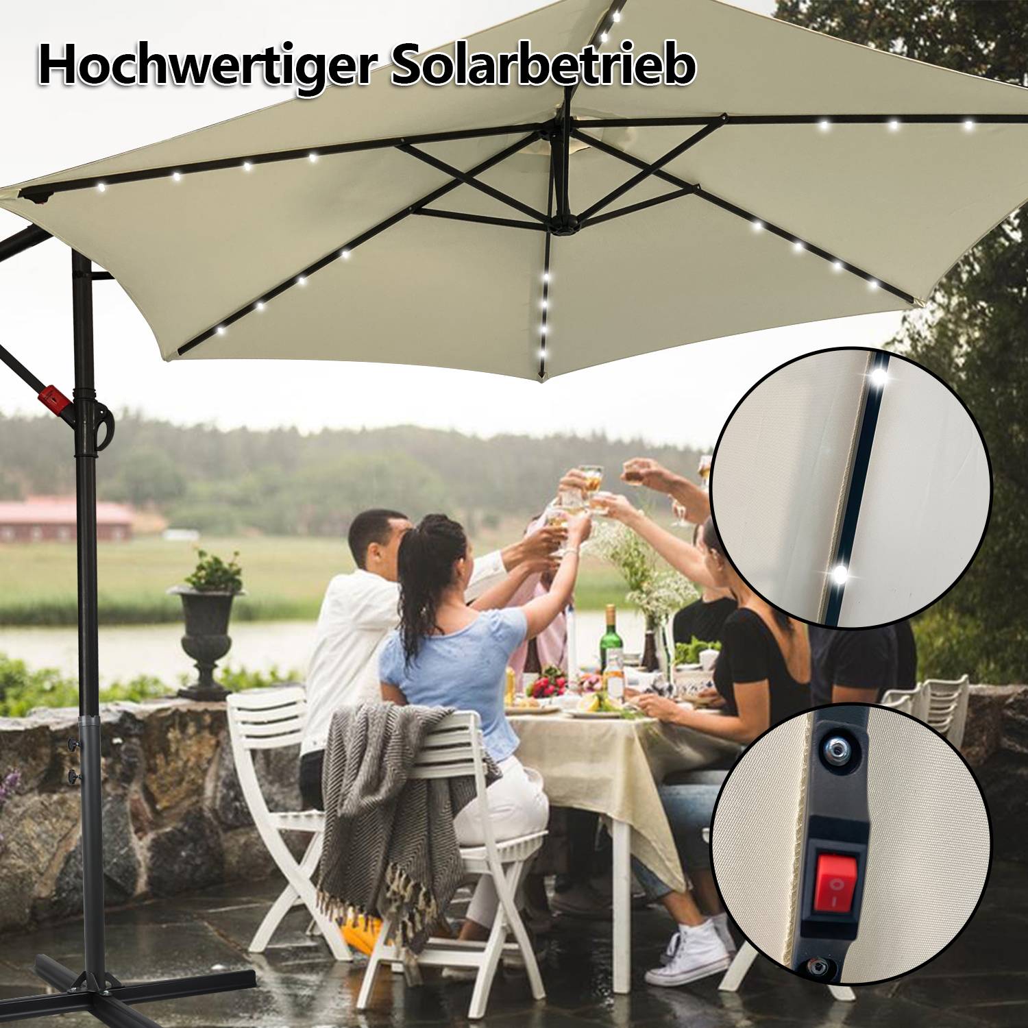 Sonnenschirm Ampelschirm Garten Schirm Pavillon mit LED Beleuchtung 300cm - Beige