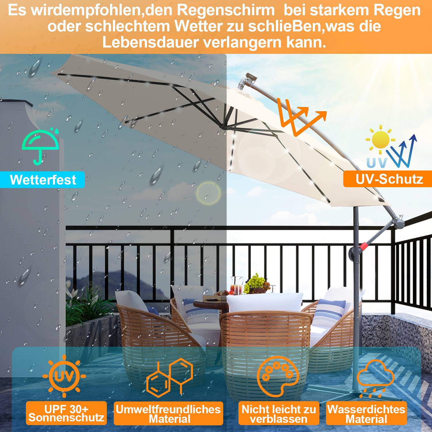 Sonnenschirm Ampelschirm 300 cm mit LED, Gartenschirm Marktschirm Kurbel Balkon UV-Schutz, Kurbel - Beige