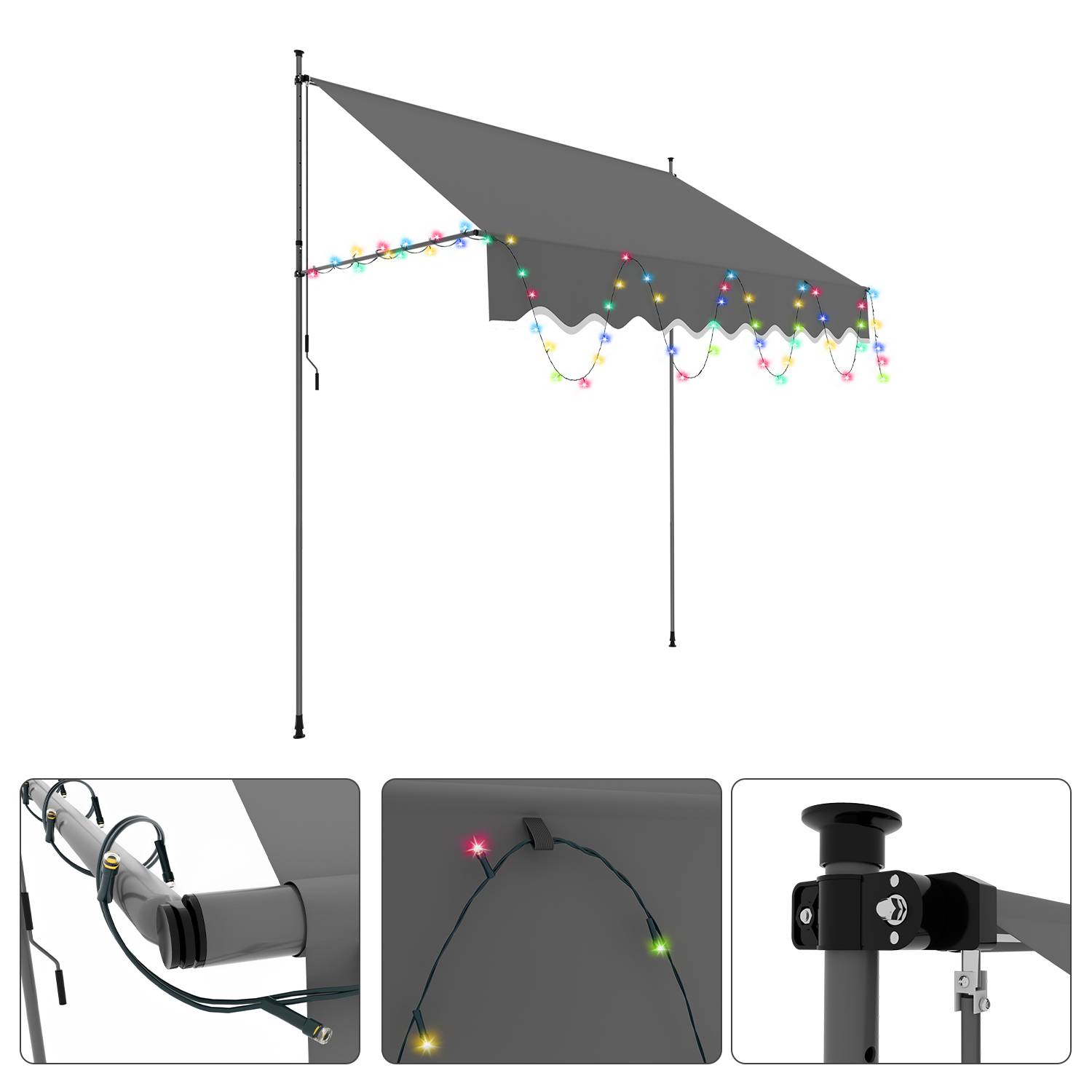 Klemmmarkise Einziehbar Balkonmarkise Markise UV30+ mit LED 2M