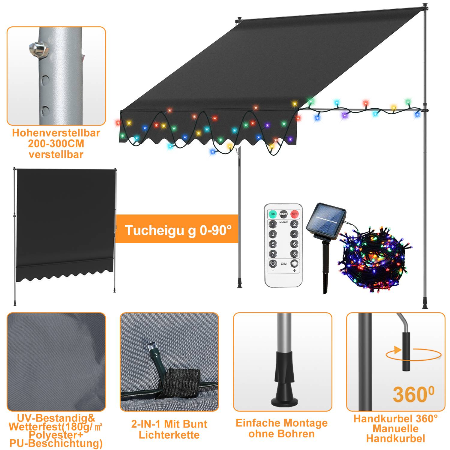 Klemmmarkise Einziehbar Balkonmarkise Markise UV30+ mit LED 3M