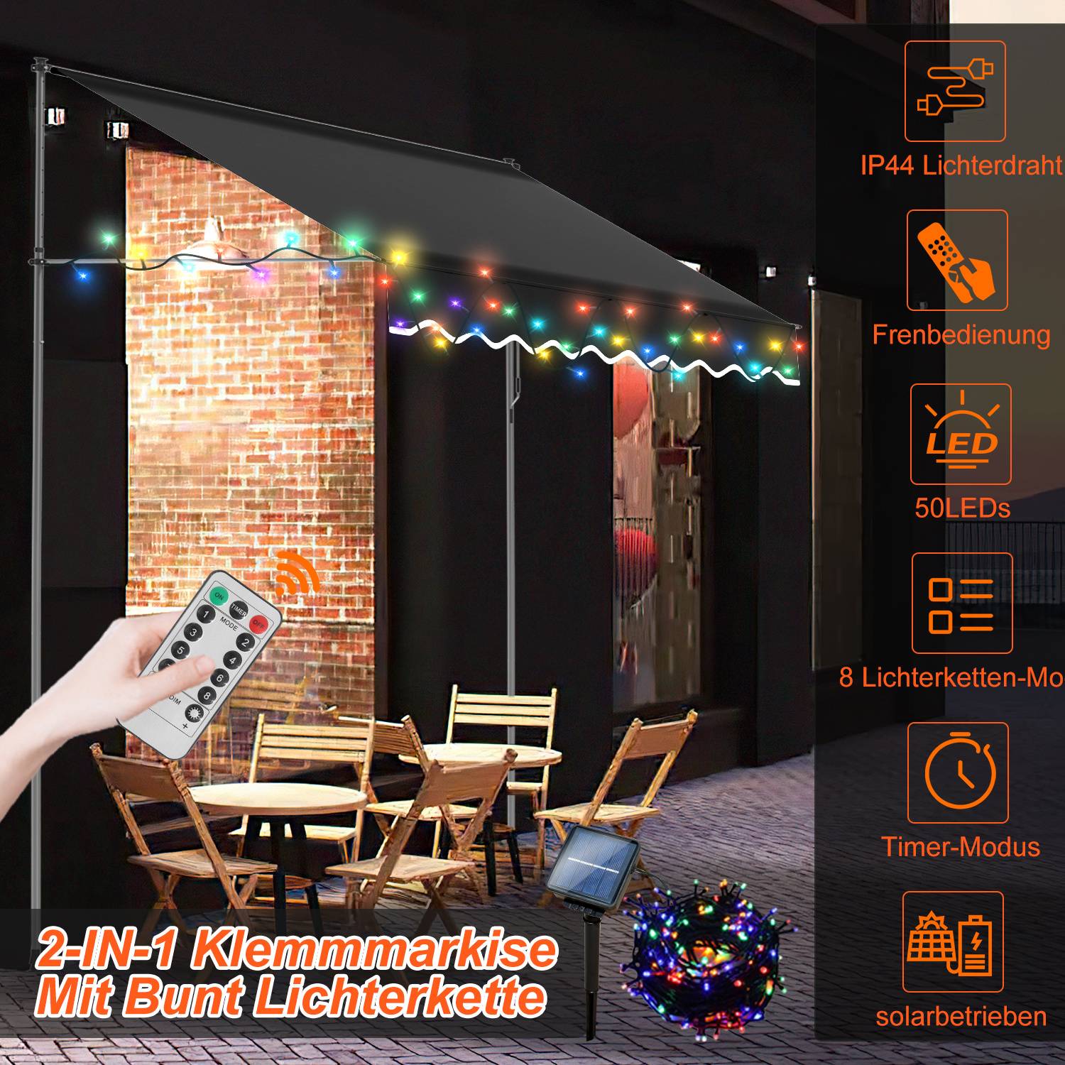 Outdoor Patio Markise mit mehrfarbigen Lichterketten; eine Hand bedient eine Fernbedienung. Deutscher Text hebt IP44, Fernbedienung, 50 LEDs, 8 Lichtmodi, Timer und Solarenergie hervor.