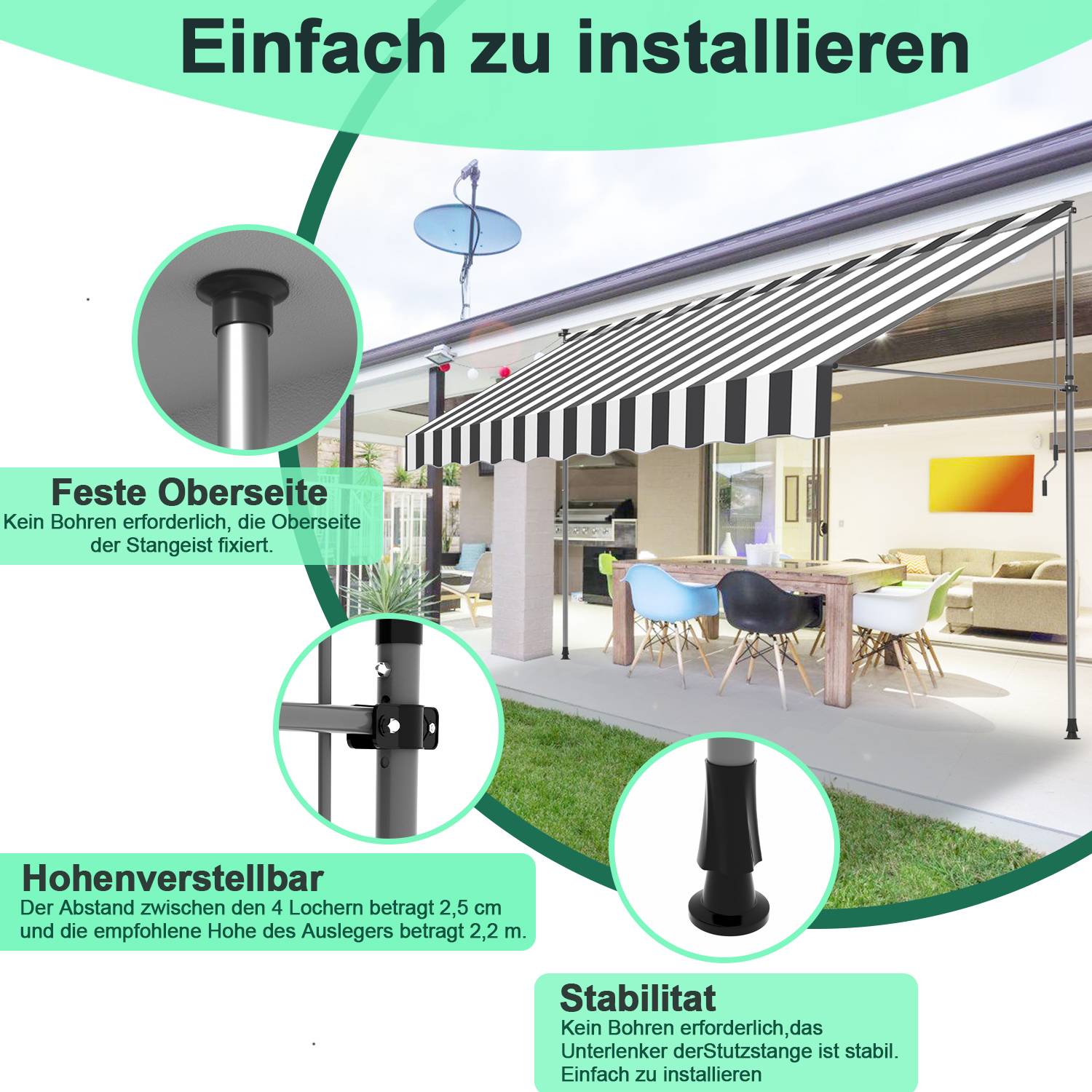 Klemmmarkise Markise Balkon UV-beständig wasserdicht Weiß Grau 400cm