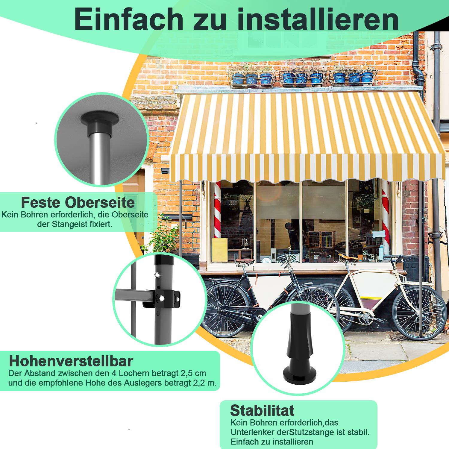 Klemmmarkise Markise Balkon UV-beständig wasserdicht Gelb Weiß 400cm