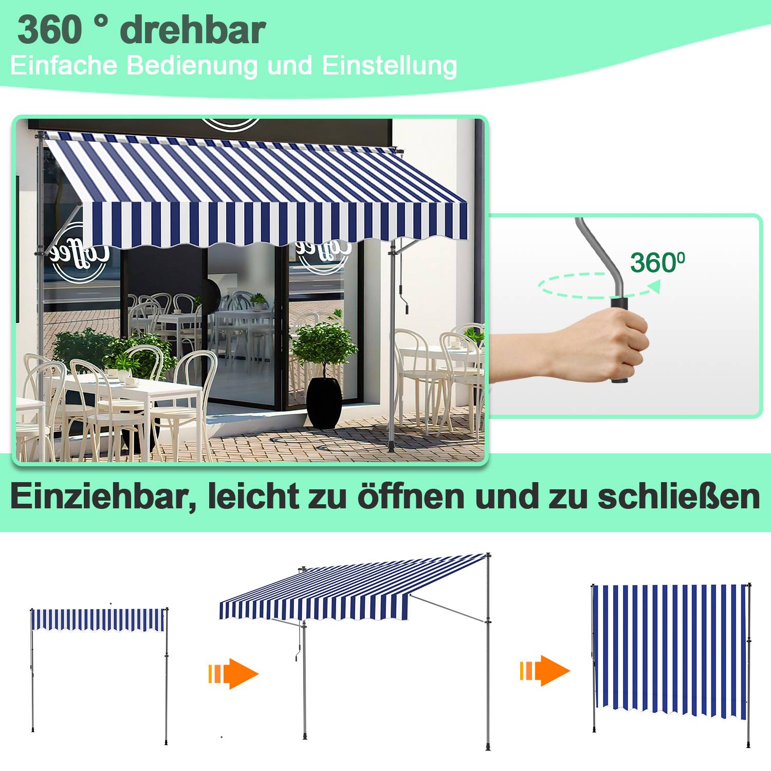 Klemmmarkise Markise Balkon UV-beständig wasserdicht Blau Weiß 300cm