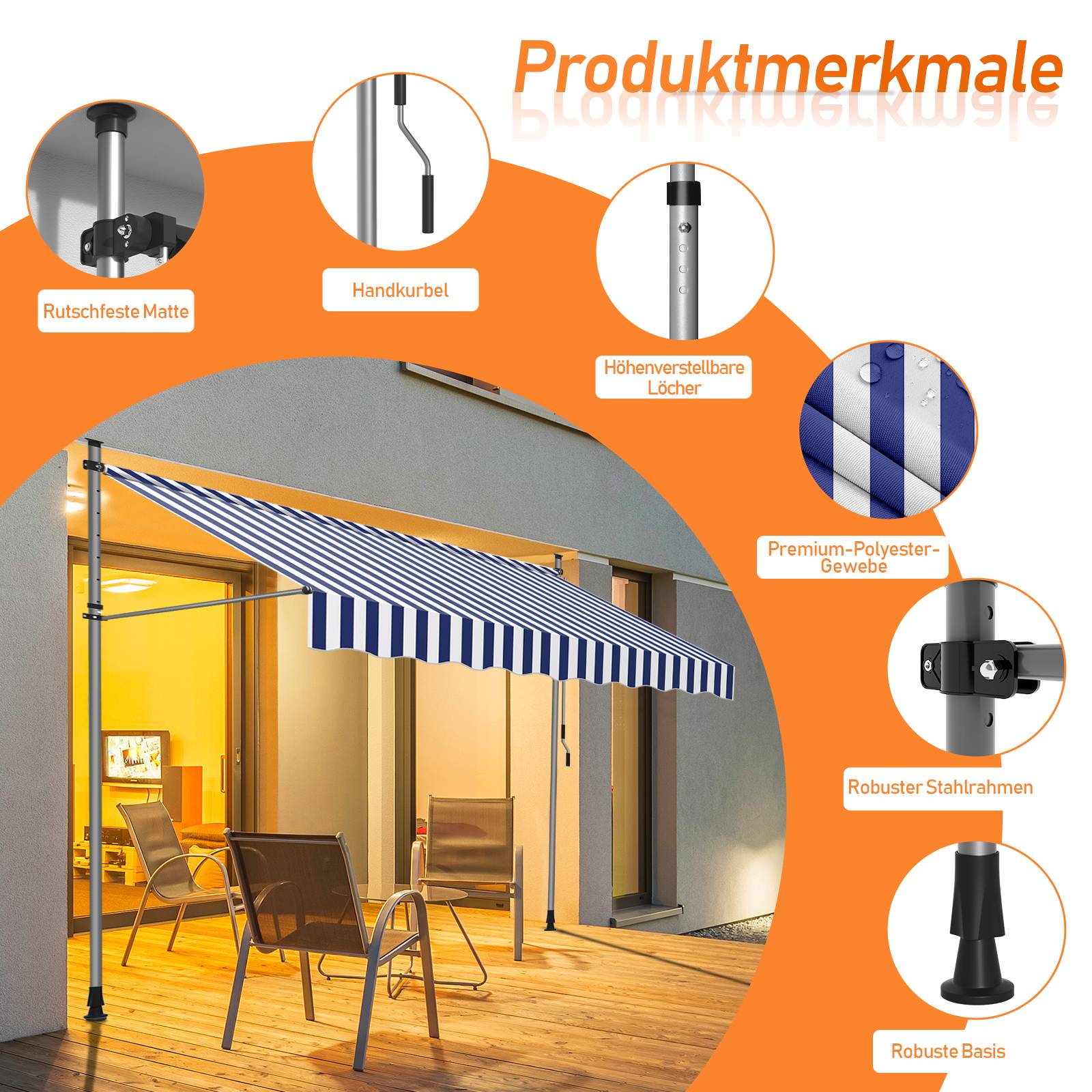 Klemmmarkise Markise Balkon UV-beständig wasserdicht Blau Weiß 400cm