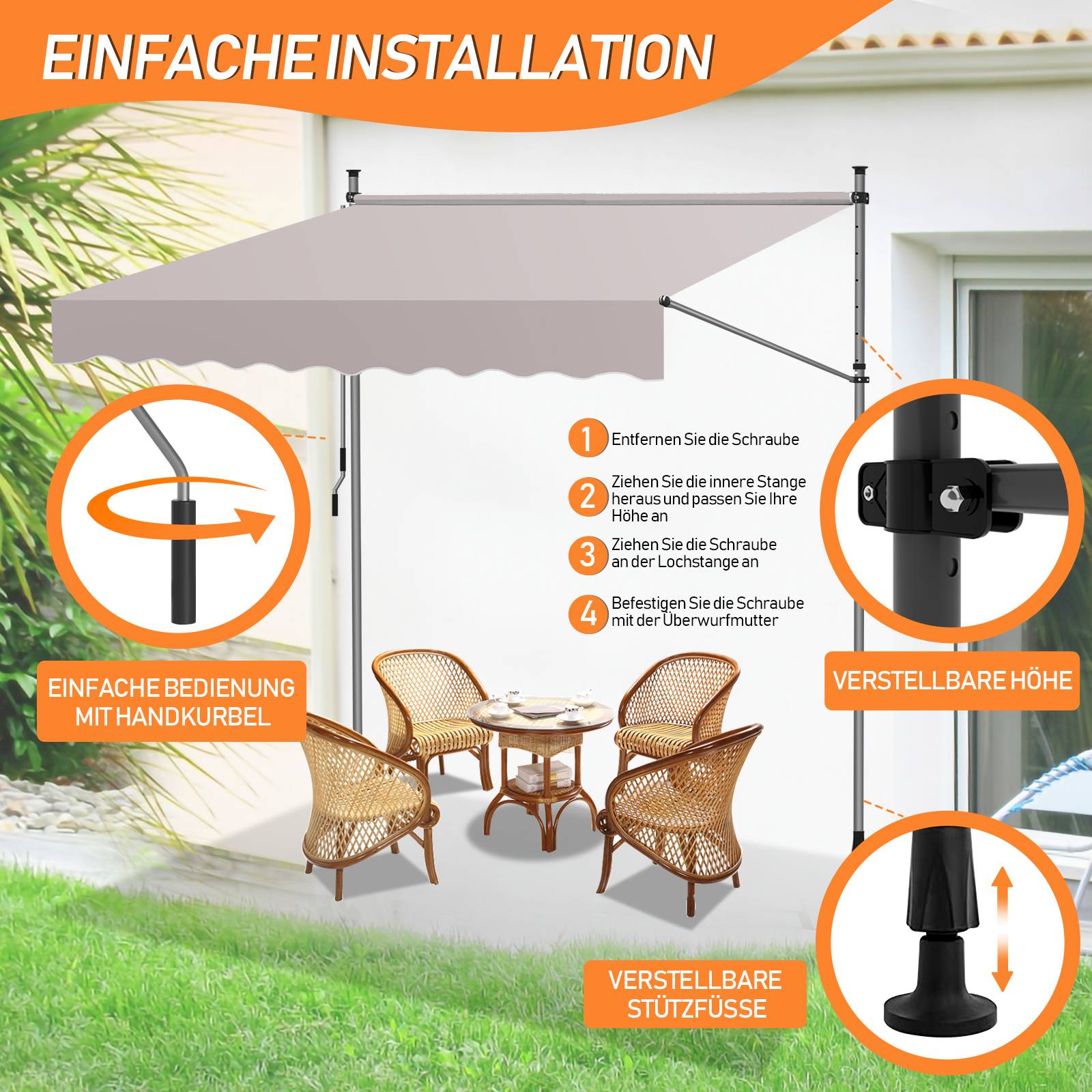 Klemmmarkise Markise Balkon UV-beständig wasserdicht Beige 200cm