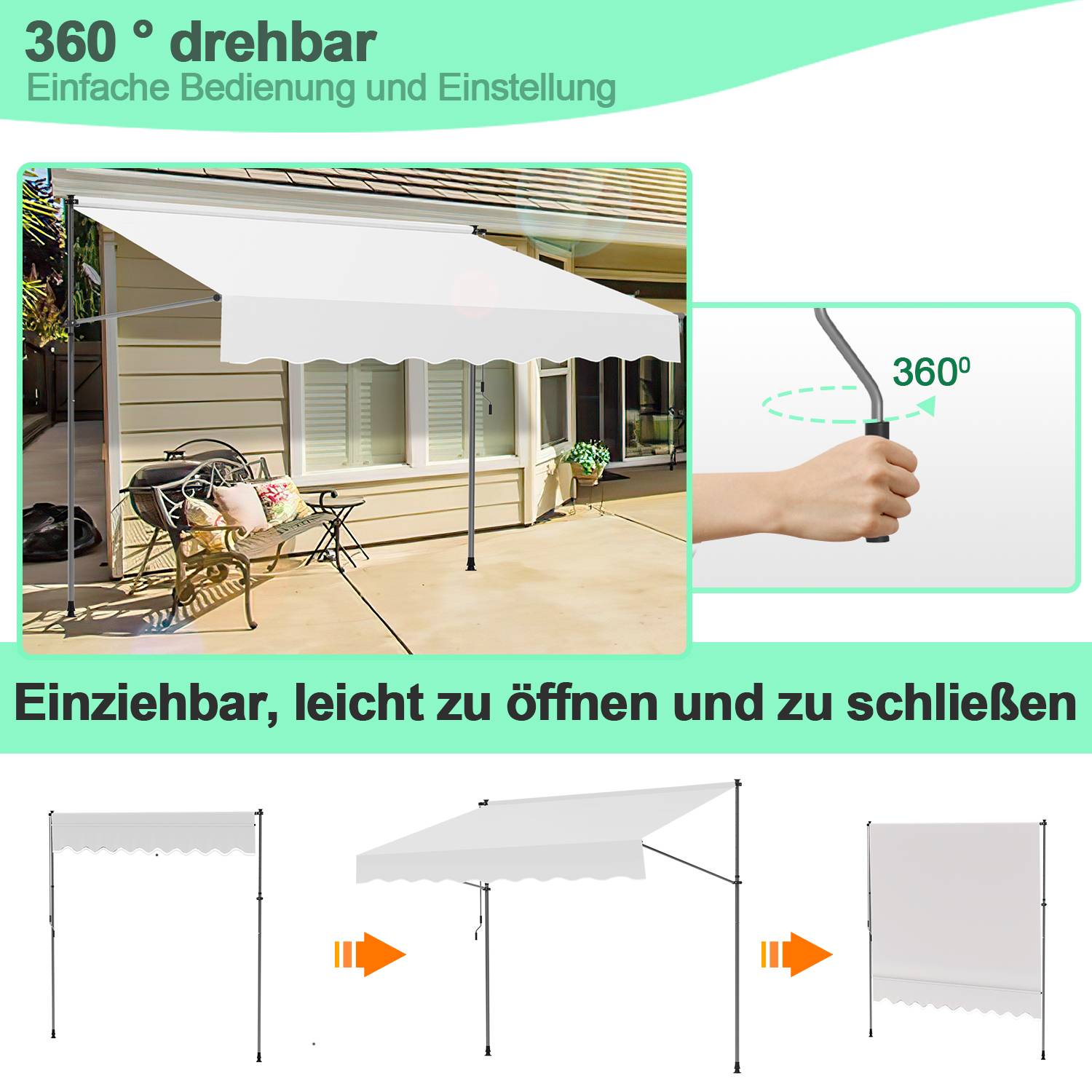 Klemmmarkise Markise Balkon UV-beständig wasserdicht Creme 200cm