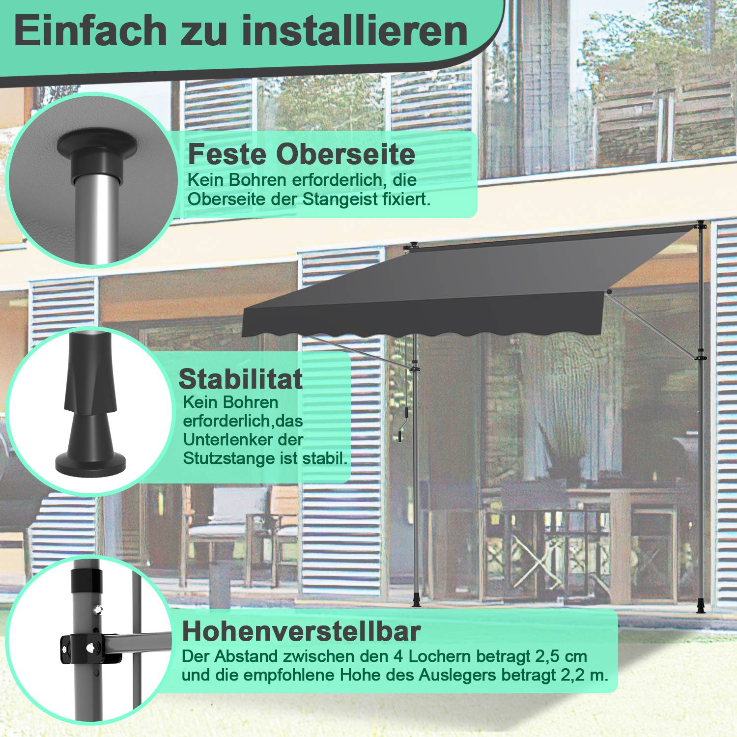 Klemmmarkise Markise Balkon UV-beständig wasserdicht Grau 400cm