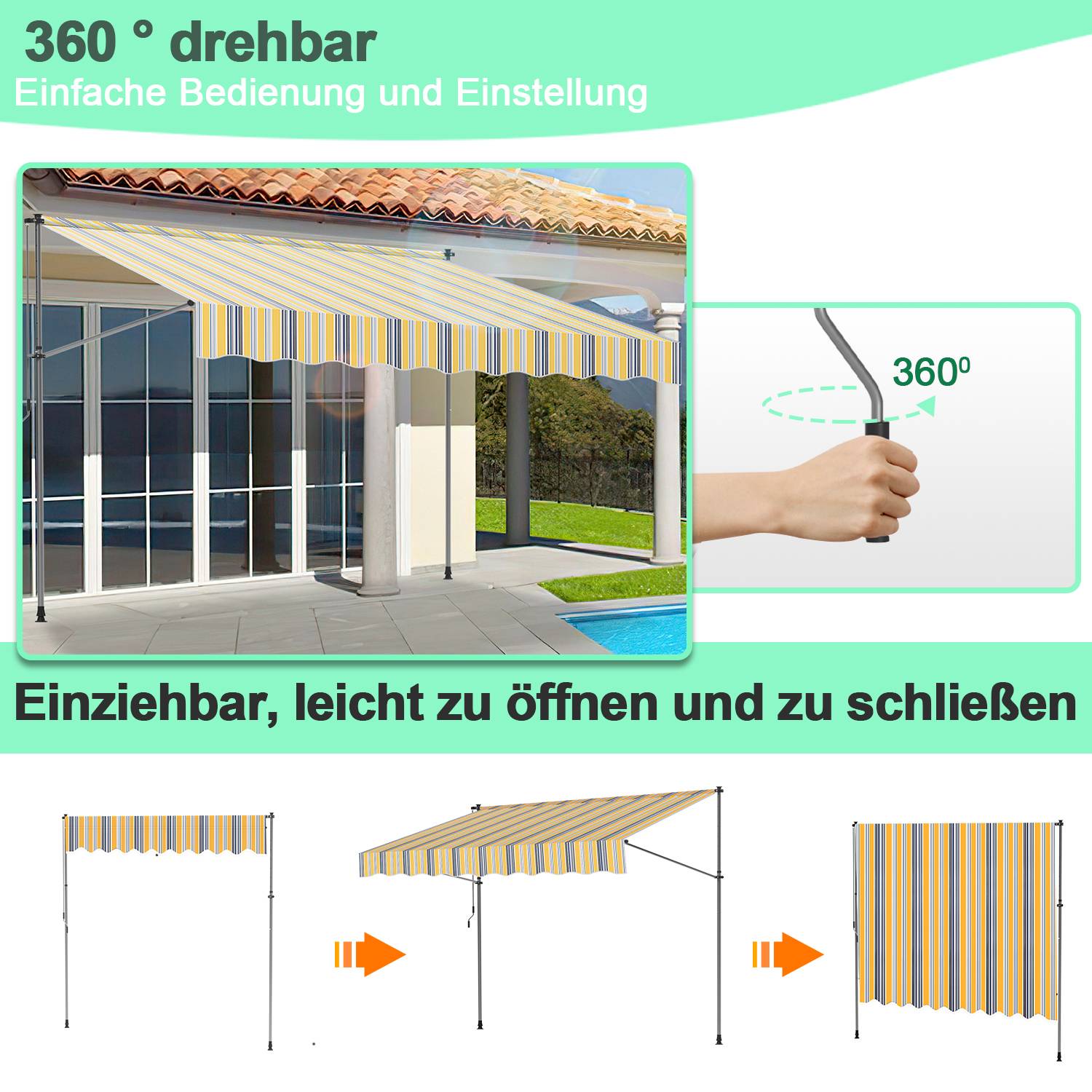 Klemmmarkise Markise Balkon UV-beständig wasserdicht Gelb Blau 250cm