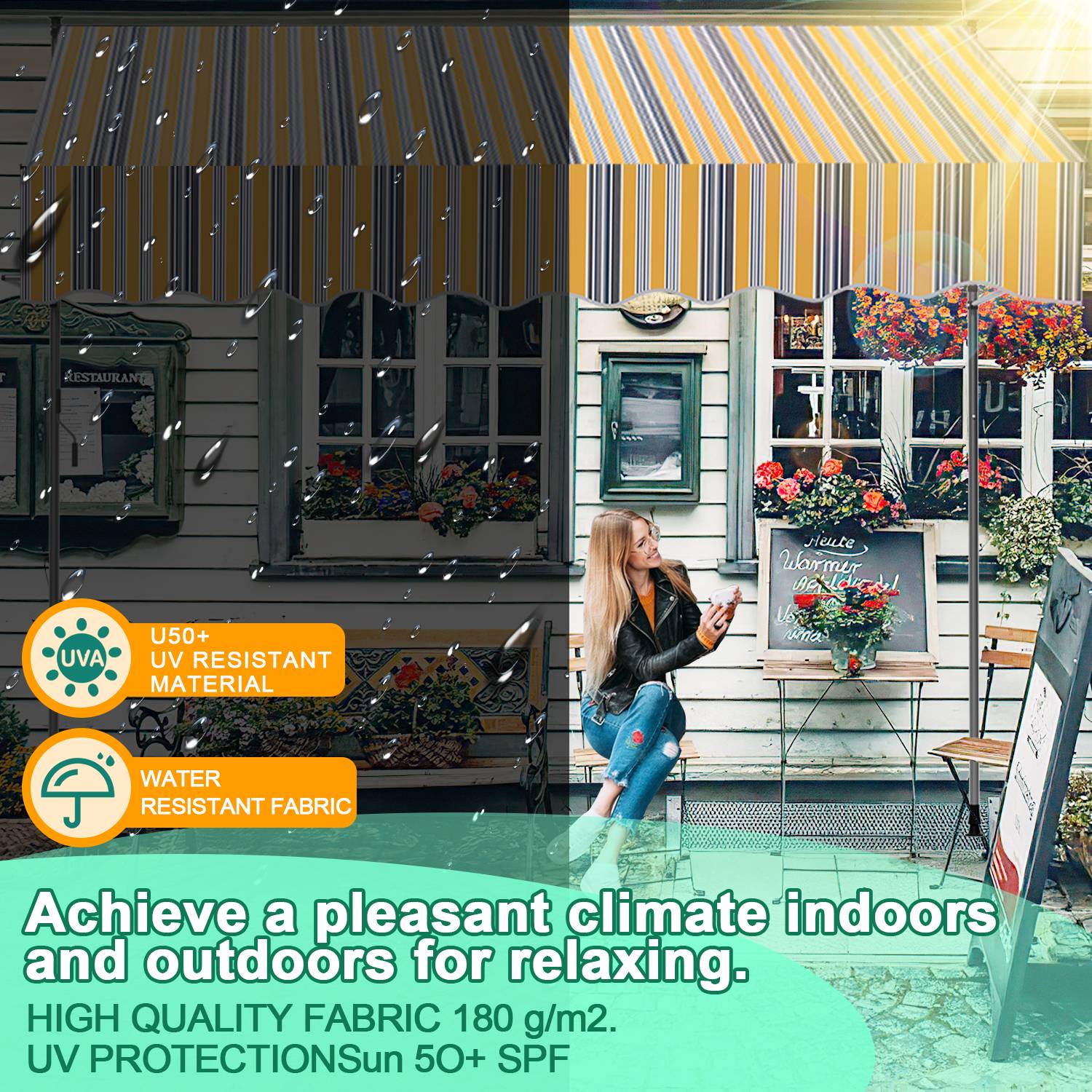 Klemmmarkise Markise Balkon UV-beständig wasserdicht Gelb Blau 200cm