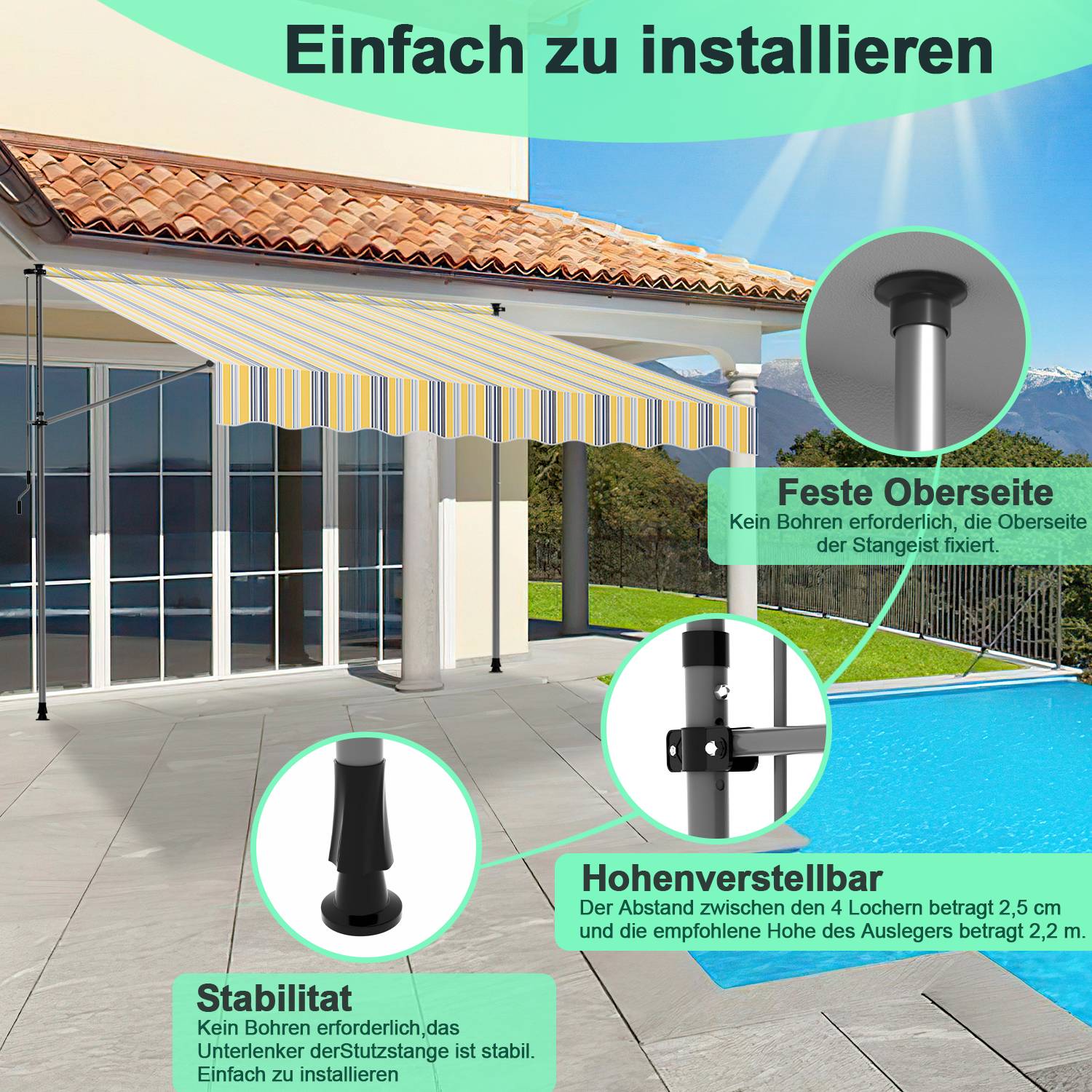 Klemmmarkise Markise Balkon UV-beständig wasserdicht Gelb Blau 250cm
