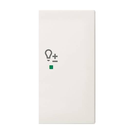 Ein weißer rechteckiger Lichtschalter mit einem Glühbirnen-Symbol und einem Pluszeichen über einem grünen Quadrat, was auf Dimmer-Funktionalität hindeutet.