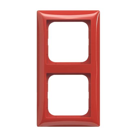 Rote Doppel-Schalterblende mit zwei rechteckigen Öffnungen, konzipiert zum Einbau von zwei Schaltern oder Steckdosen.