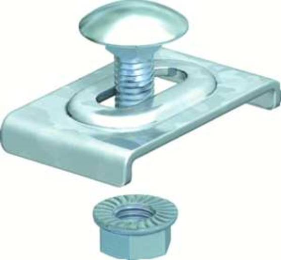 Ein T-Bolzen-Befestigungssystem mit einer Unterlegscheibe und einer Mutter, verwendet für sichere Befestigung in mechanischen Baugruppen.