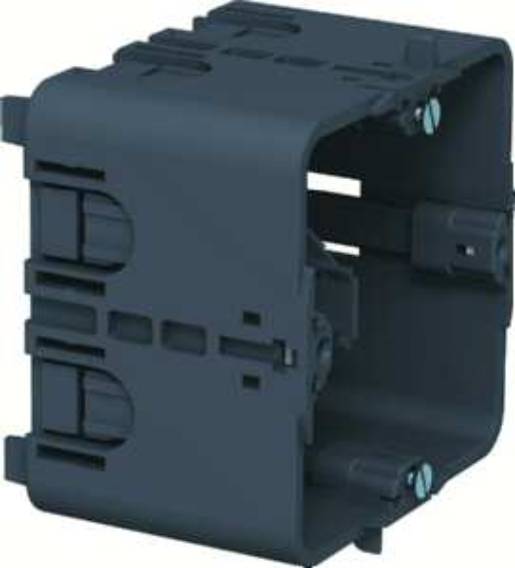 Eine schwarze Elektroverteilerdose aus Kunststoff mit mehreren Schlitzen und Öffnungen an den Seiten, die zum Unterbringen von Kabeln und elektrischen Komponenten konzipiert ist.