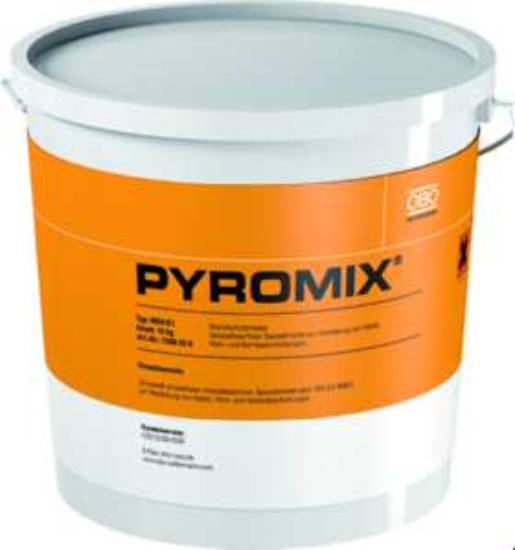 Ein großer runder Eimer mit einem orangefarbenen Etikett, auf dem der Text ‚PYROMIX' zu sehen ist. Wird für Bauarbeiten oder zum Mischen von Materialien verwendet.