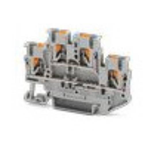 Ein grauer Elektroklemmenblock mit orangefarbenen Komponenten, der zum Verbinden von Drähten in elektrischen Schaltkreisen verwendet wird.