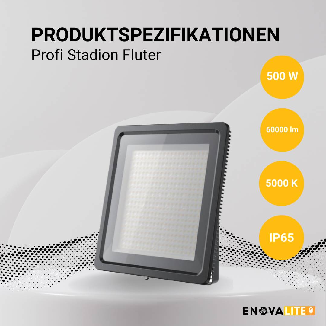 ENOVALITE - Profi LED Stadion Fluter Flutlichtstrahler 500W 60000lm 5000K neutralweiß IP65 IK07 Meanwell Driver