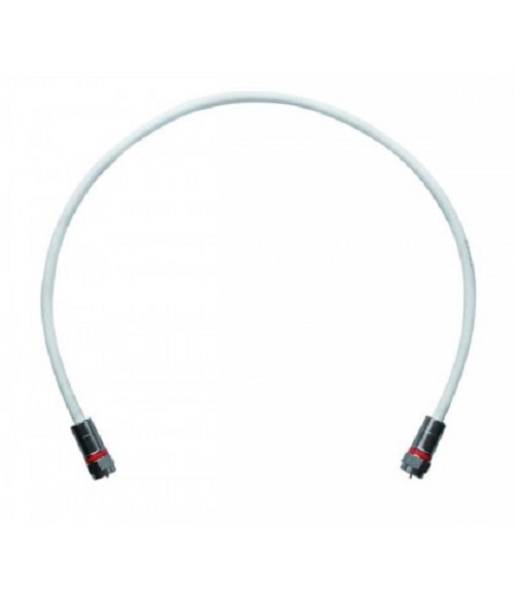 Ein weißes flexibles Kabel mit schwarzen Anschlüssen an jedem Ende, das üblicherweise zum Verbinden von elektronischen Geräten oder Netzwerkausrüstung verwendet wird.