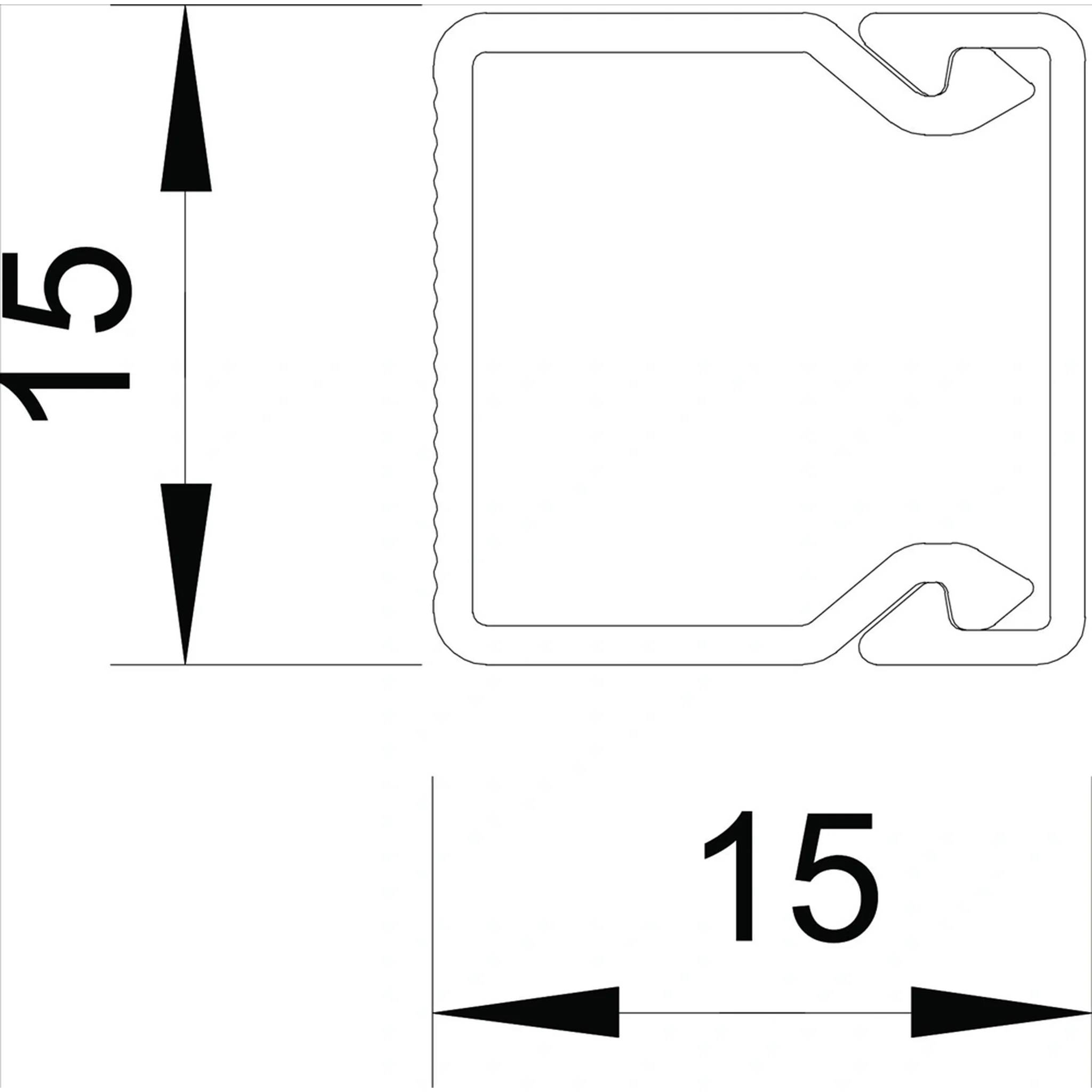 Dimensionszeichnung eines rechteckigen Profilquerschnitts mit einer Höhe von 15 Einheiten und einer Breite von 15 Einheiten mit geformten Eckausschnitten.