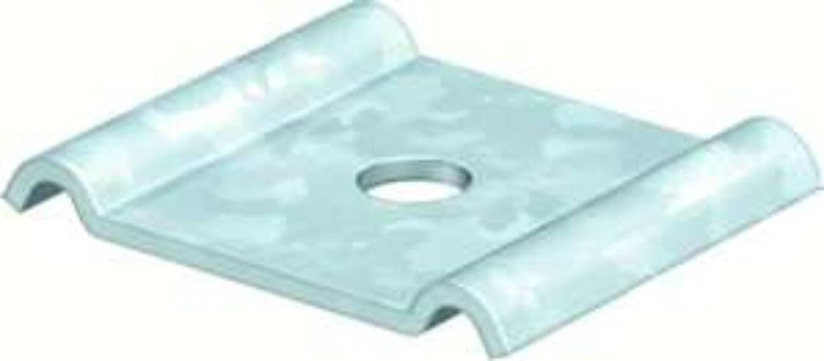 Eine Metallplatte mit einem zentralen Loch, die zwei geschwungene Kanten aufweist, wahrscheinlich zur Befestigung oder Montage in einem Bauumfeld verwendet.